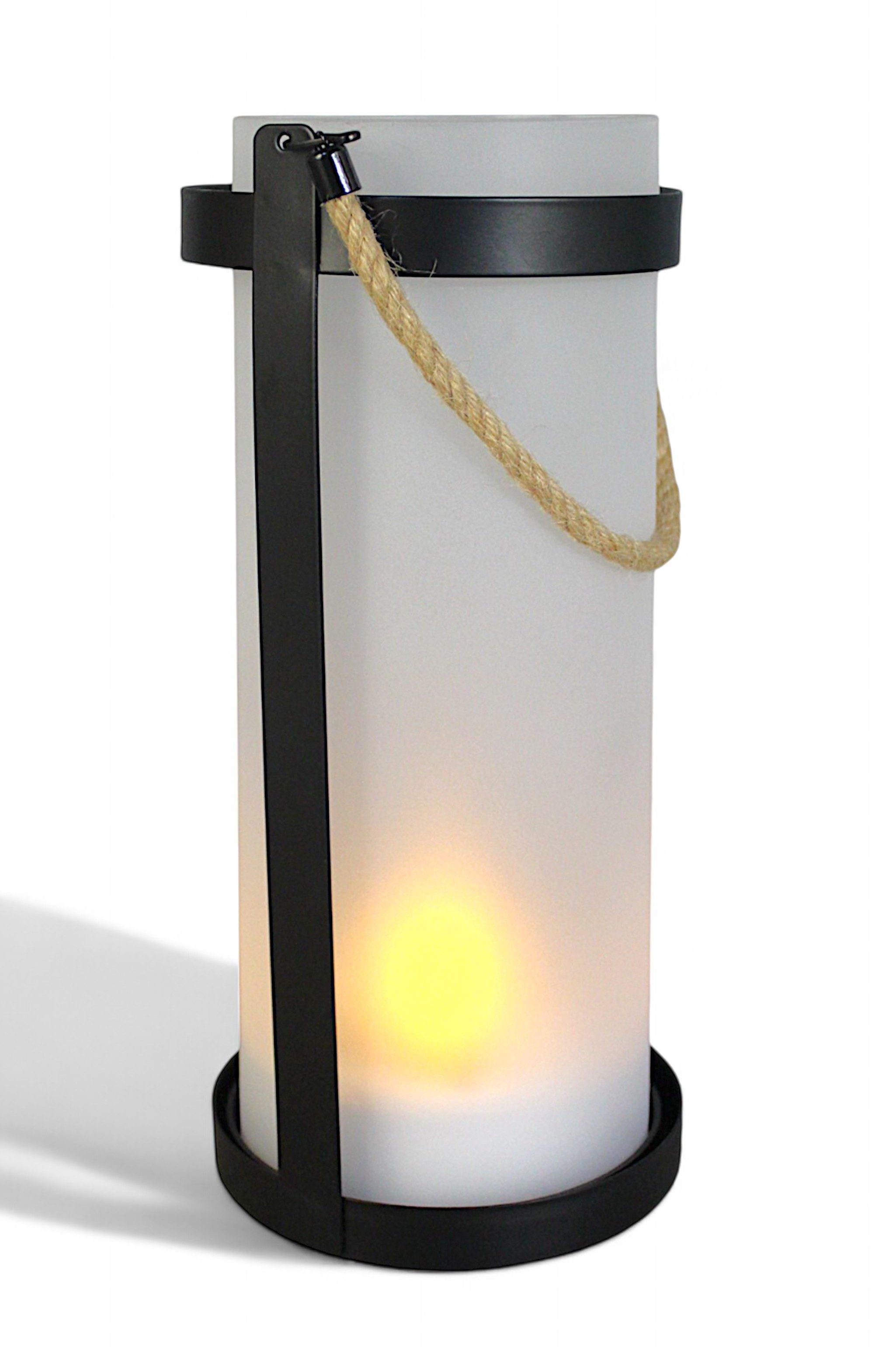 Arnusa LED Windlicht Solar Laterne Outdoor Tischlampe aus Glas und Metall Flammen-Effekt, LED fest integriert, Warmweiß, Hängend/Stehend, wetterfeste Gartendeko 30,5 cm