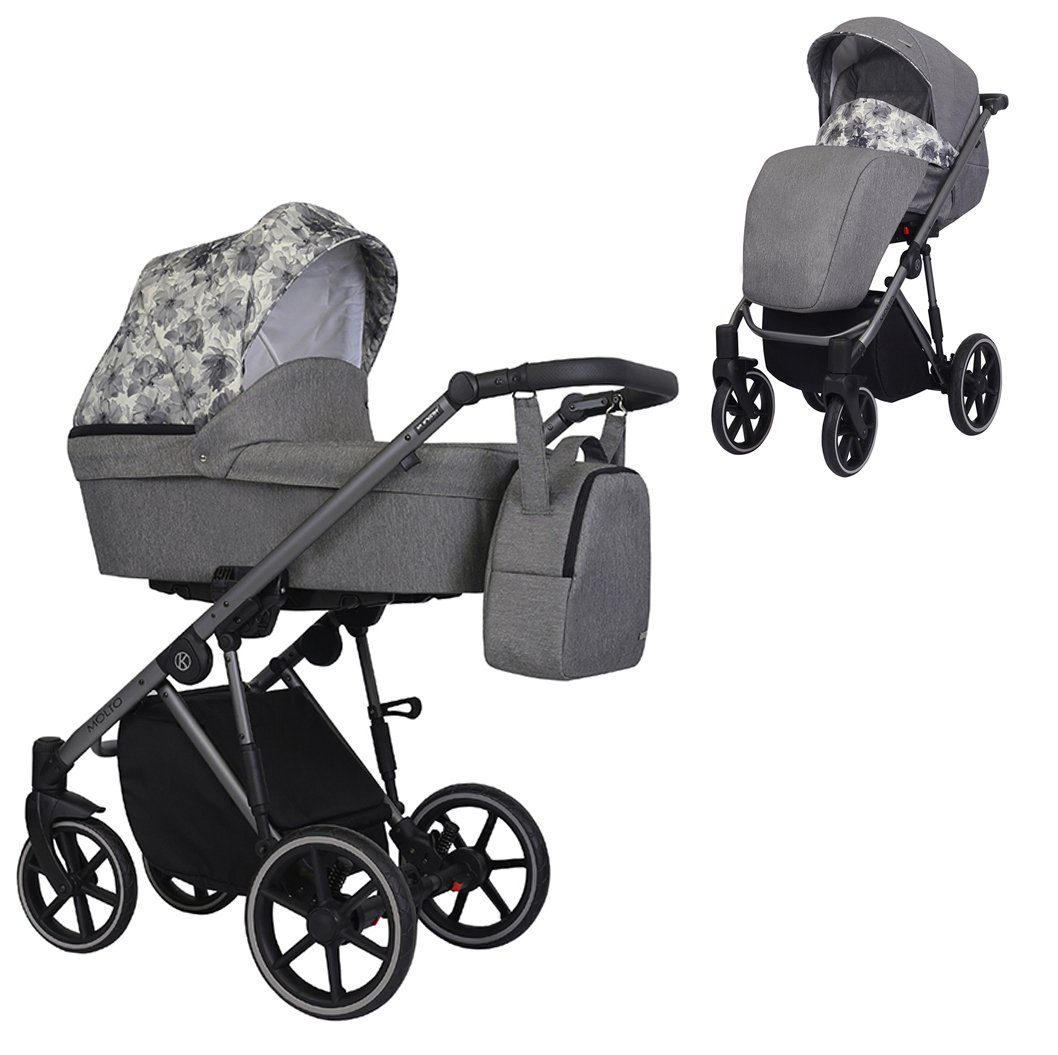 babies-on-wheels Kombi-Kinderwagen Molto 2 in 1 - 12 Teile - von Geburt bis 4 Jahre in 14 Designs Grau-Dekor = graues Gestell