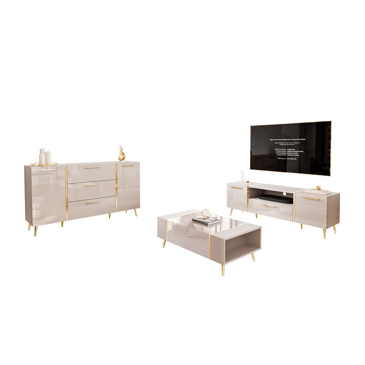 ALLHOUSE24 Wohnzimmer-Set DIAMANT Kaschmir Hochglanz GOLD Metallfüßen Wohnzimmer Möbel SET, Das Set besteht aus: Kommode, TV Schrank, Couchtisch