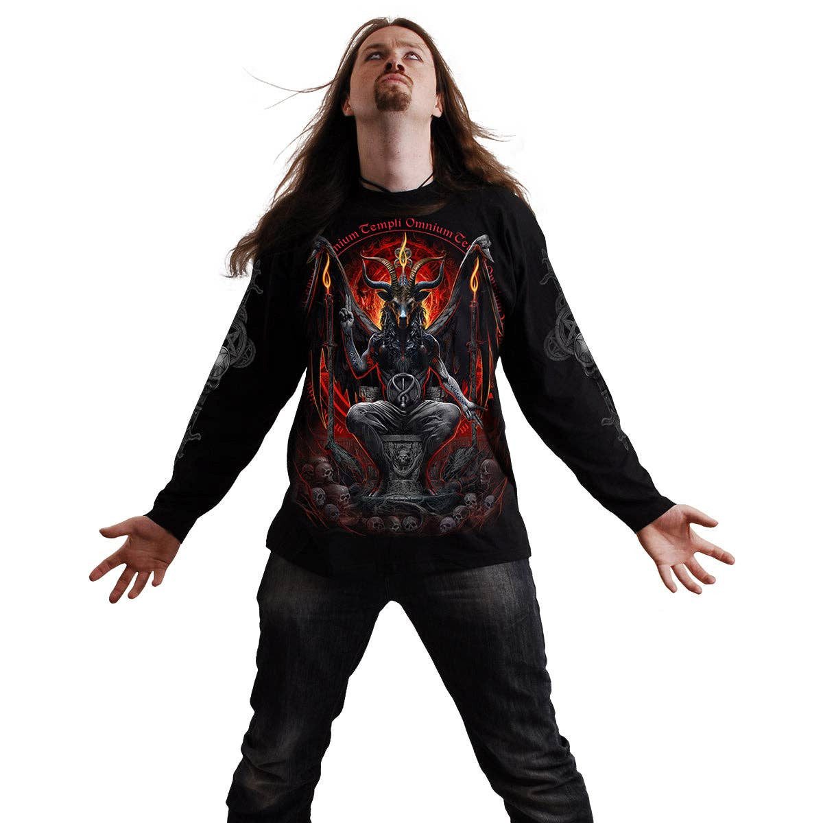 Spiral Print-Shirt Düsteres BAPHOMET - Langarmshirt Schwarz von Spiral Gothic Shirt Anime aus Baumwolle mit Print