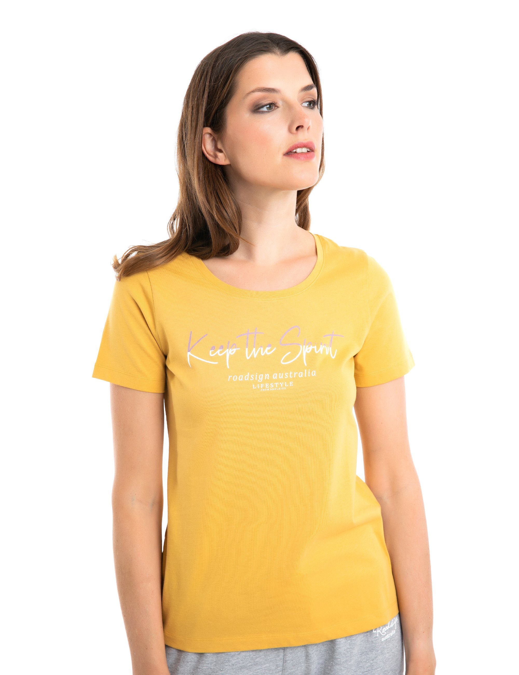 Spirit T-Shirt Keep Baumwolle 100 Logo-Print, mit the & australia ROADSIGN Rundhalsausschnitt % (1-tlg) ocker