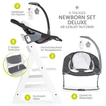 Hauck Hochstuhl Alpha Plus Weiß - Newborn Set Deluxe (Set, 4 St), Holz Babystuhl ab Geburt inkl. Aufsatz für Neugeborene & Sitzauflage