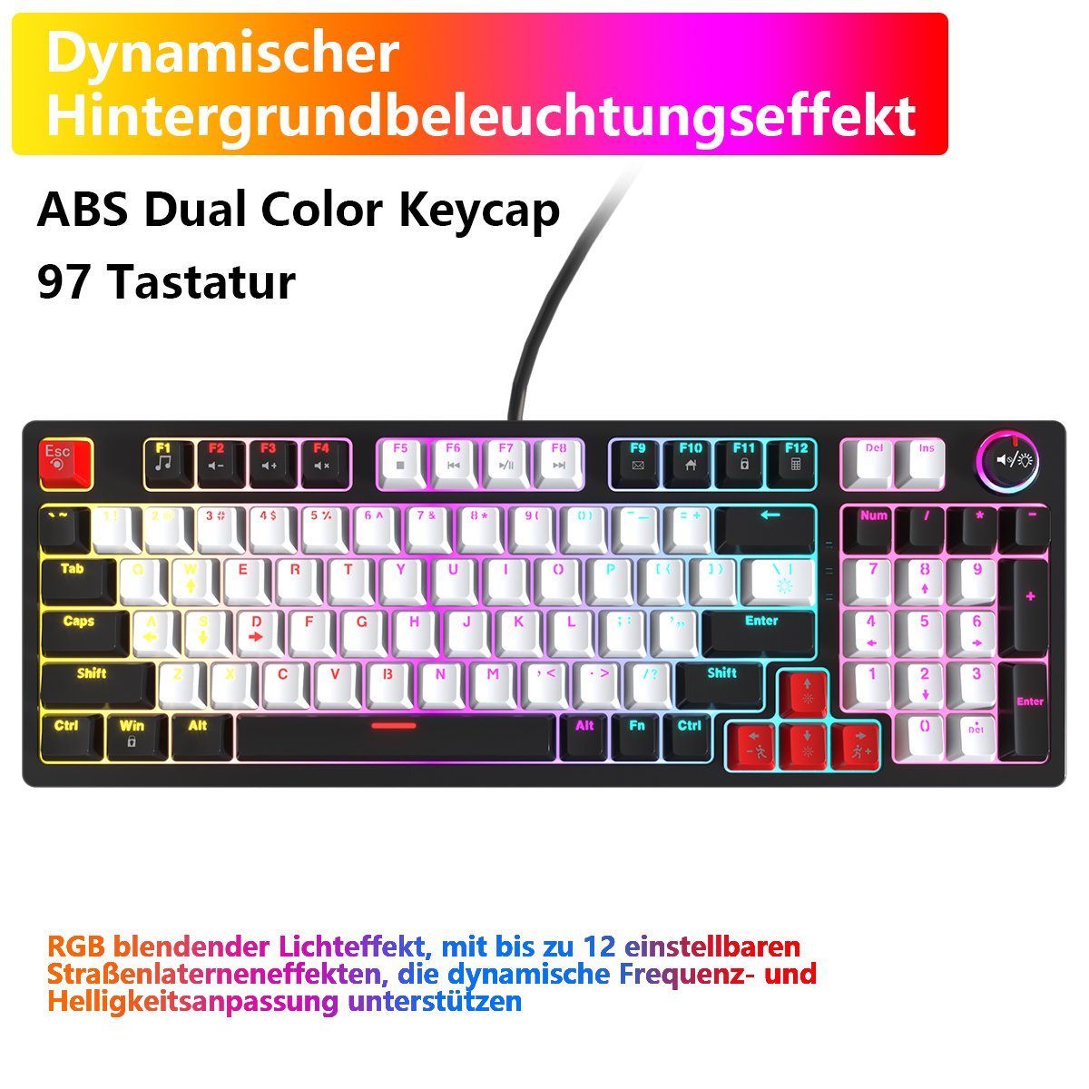 BUMHUM Nicht deutsche Gaming-Tastatur RGB-Gaming-Tastatur Tastatur,RGB-Beleuchtung mechanische mit Echte (Zweifarbige Tastatur und Kabe) Doppel- schwarz Dreifarbige