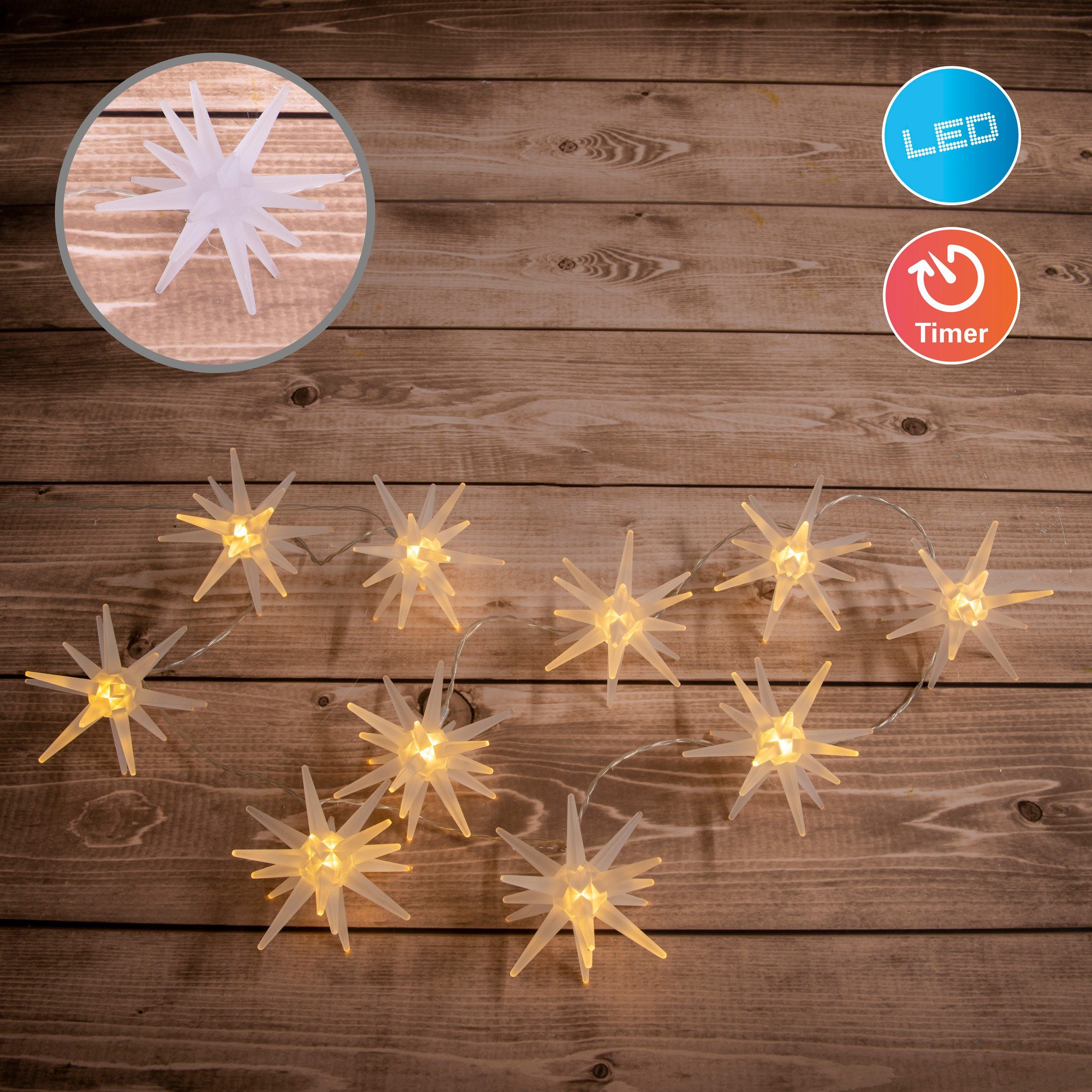 näve LED-Lichterkette mit 3D-Sternen, Weihnachtsdeko, Batteriebetrieb, 10-flammig, mit Timer, aus Kunststoff, in weiß gefrostet Länge ca. 165 cm