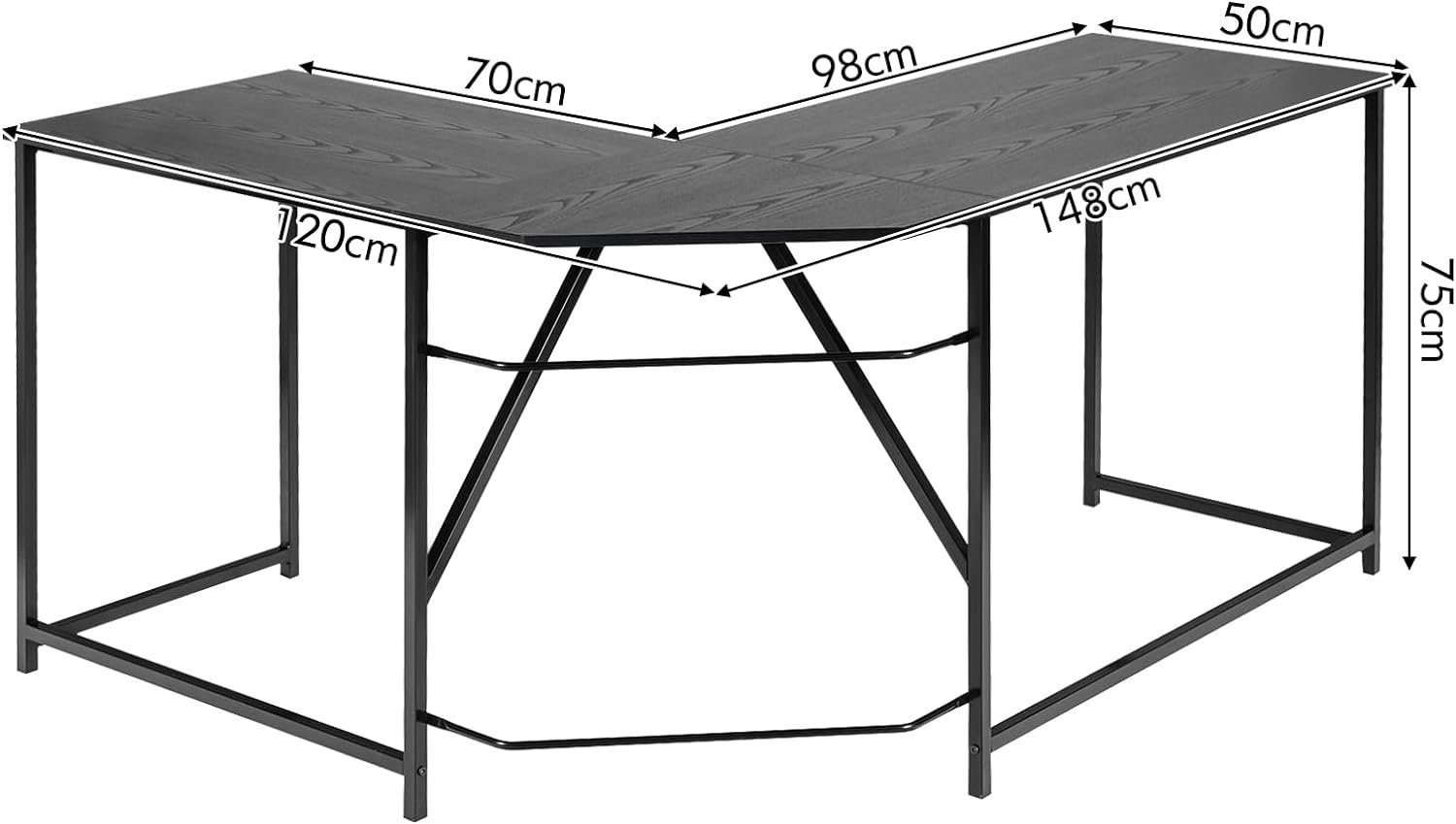 L-förmiger COSTWAY 148×120×75cm Metallrahmen, Schreibtisch, Computertisch, schwarz
