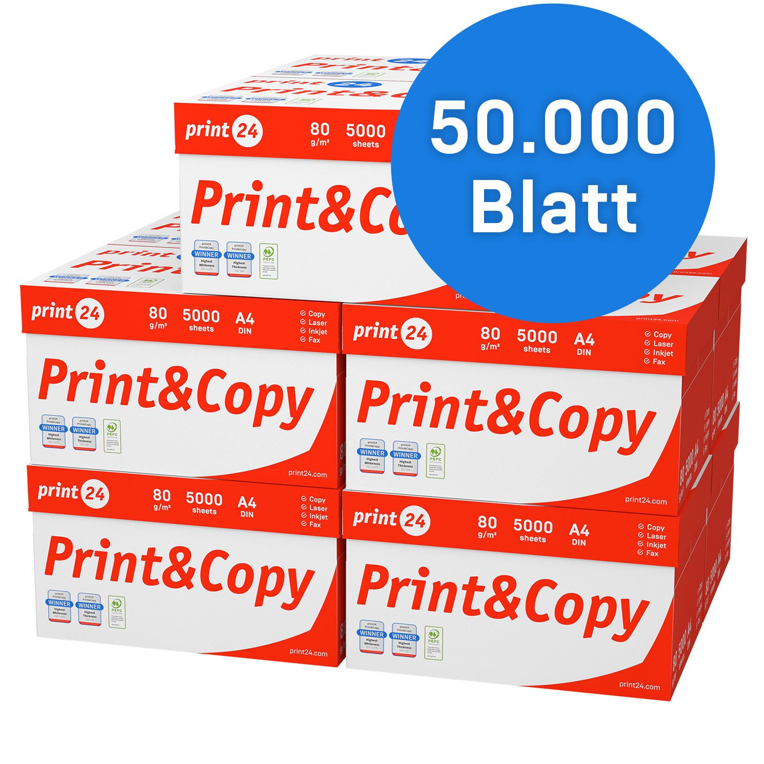 print24 Druckerpapier Kopierpapier 50000 Blatt A4 80g Premium Weiß Testsieger PEFC