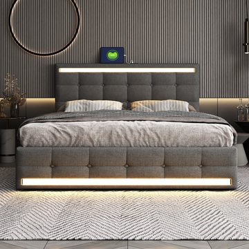 OKWISH Polsterbett Doppelbett (140 * 200 ohne Matratze, Gepolstertes LED-Bettgestell mit 4 Schubladen und 2 USB-Ladestationen), Gepolstertes Plattformbett mit Stauraum