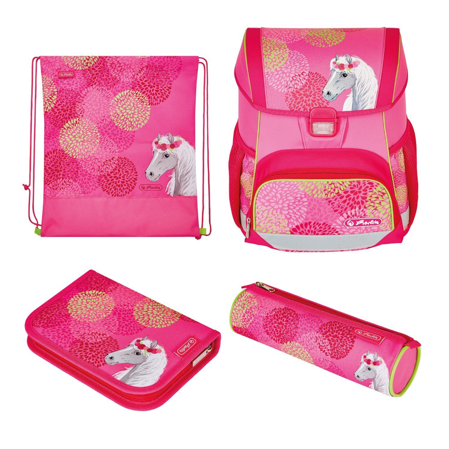 Herlitz Schulranzen Schulranzen Set Loop Plus Horse 4-teilig Pink, Mädchen Pferd Pferde Ranzen Ergonomisch Brustgurt