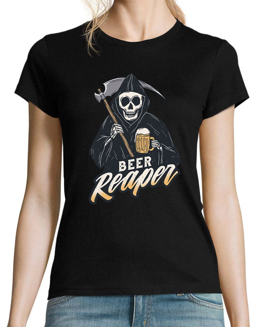 Shirt Frontprint mit Schwarz lustigem Bier Reaper T-Shirt Youth Damen Designz