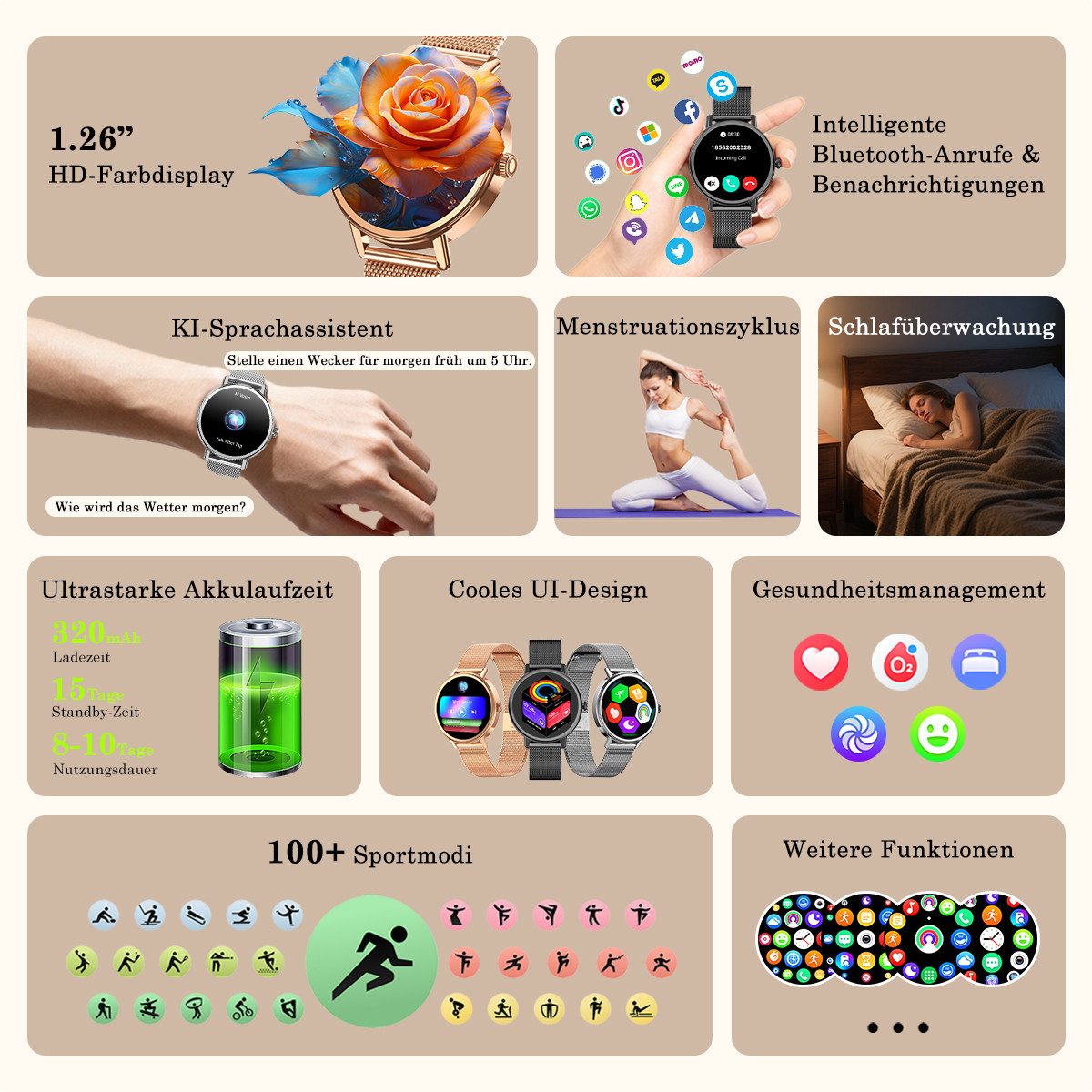 blackview X30-1,26" Display, Bluetooth-Anrufe, 100+ Sportmodi Smartwatch, 1,26" Display, 360x360, KI-Sprachassistent, 100+ Sportmodi