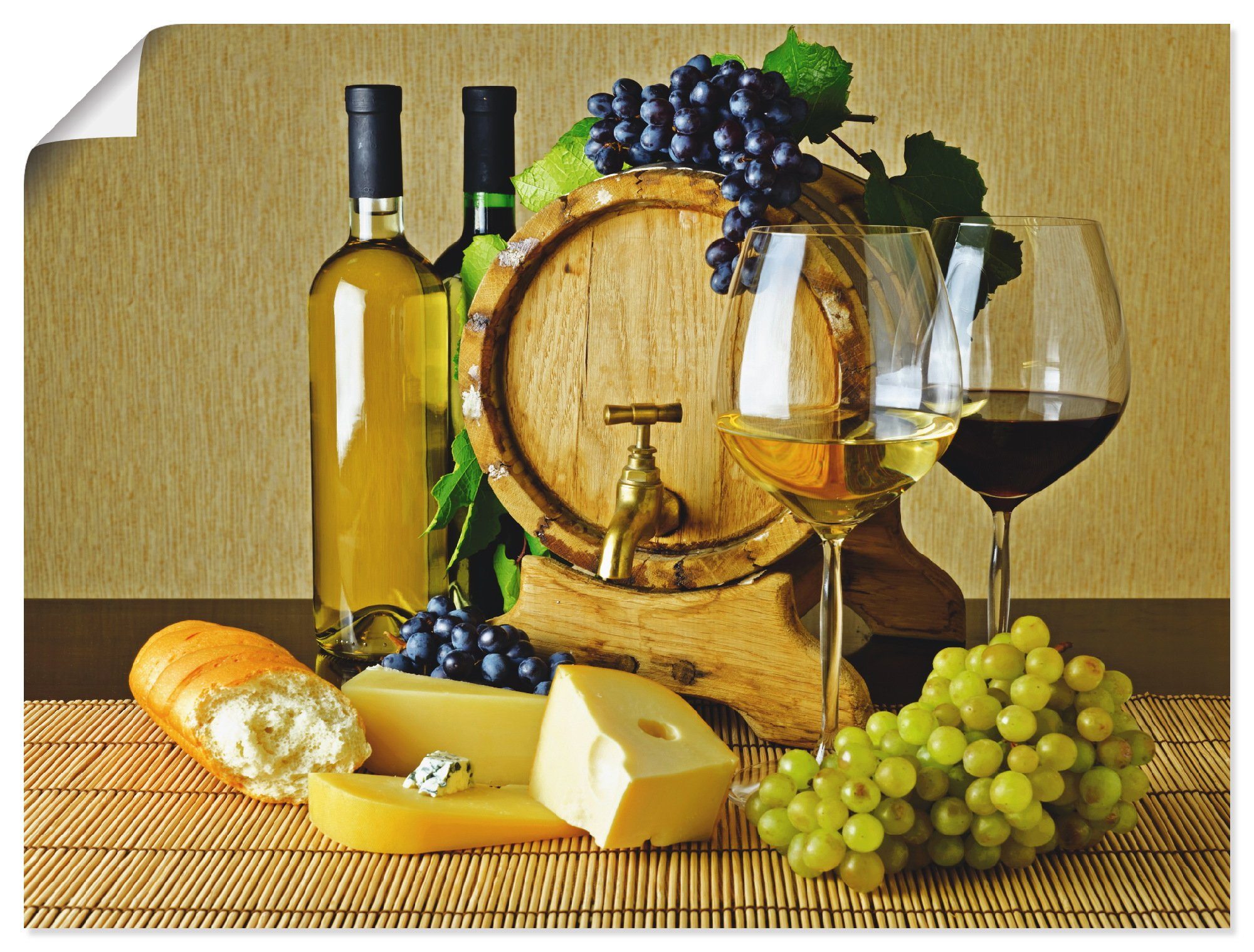 Artland Wandbild Käse, Wein und Trauben, Lebensmittel (1 St), als Alubild, Leinwandbild, Wandaufkleber oder Poster in versch. Größen