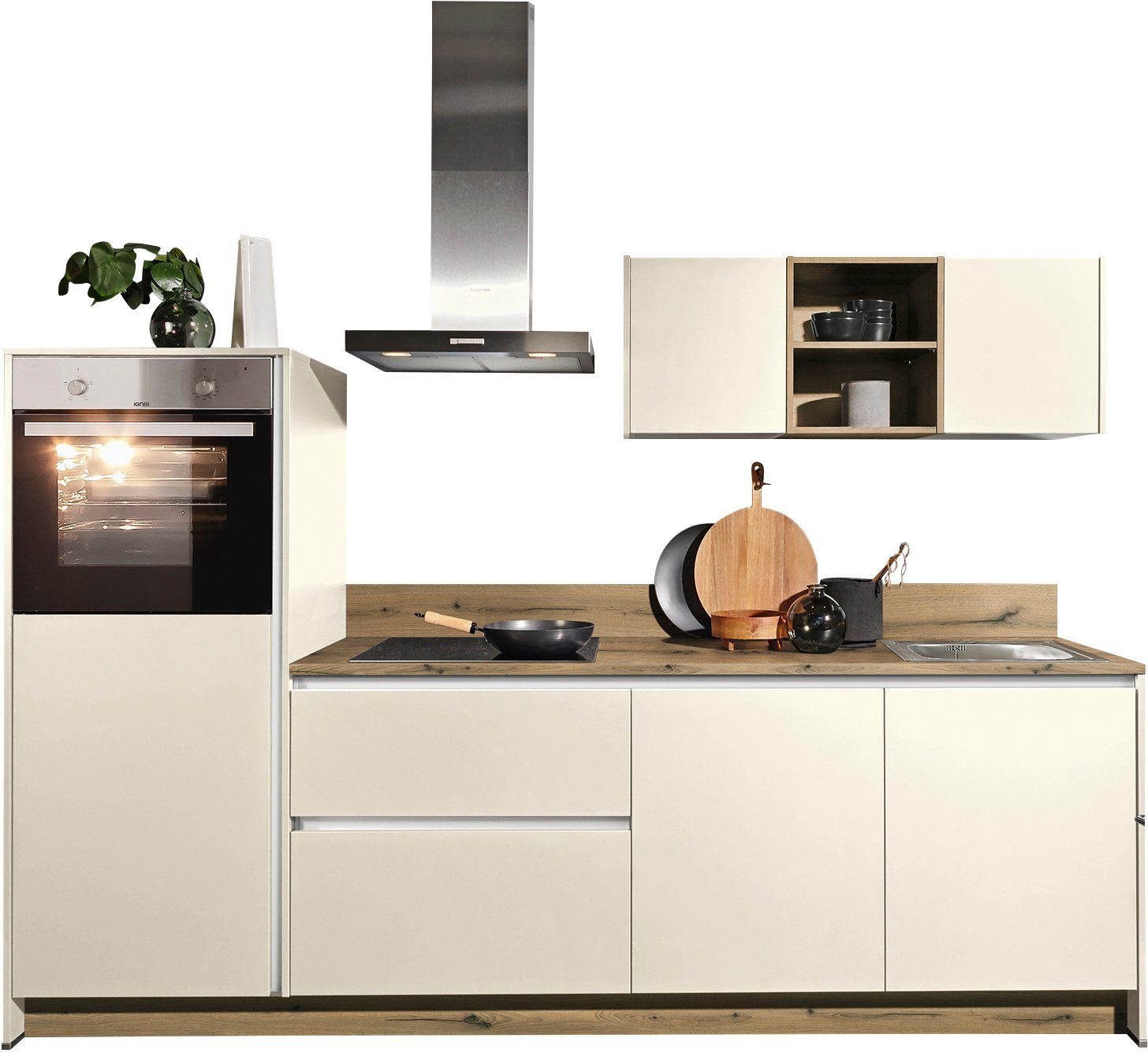 KOCHSTATION Küche KS-Sakura, vormontiert, mit Vollauszügen und höhenverstellbaren Füßen, vormontiert, wahlweise mit E-Geräten und Beleuchtung, Breite 268 cm