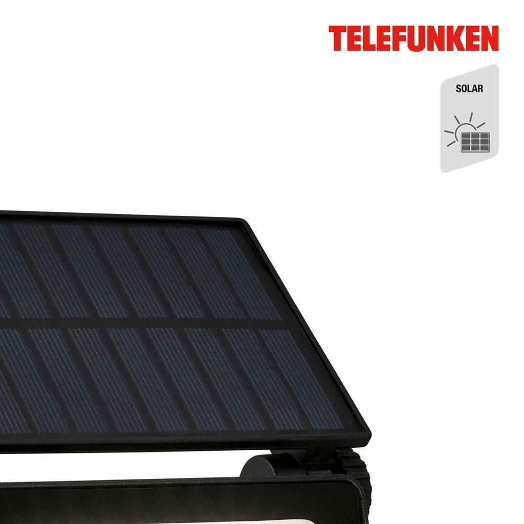 Telefunken Flutlichtstrahler 322605TF, LED fest integriert, 2700K - Extra-Warmweiß, LED Strahler Solar 14x11,5x18 cm Schwarz 2W 1000 Lumen Solarleuchten