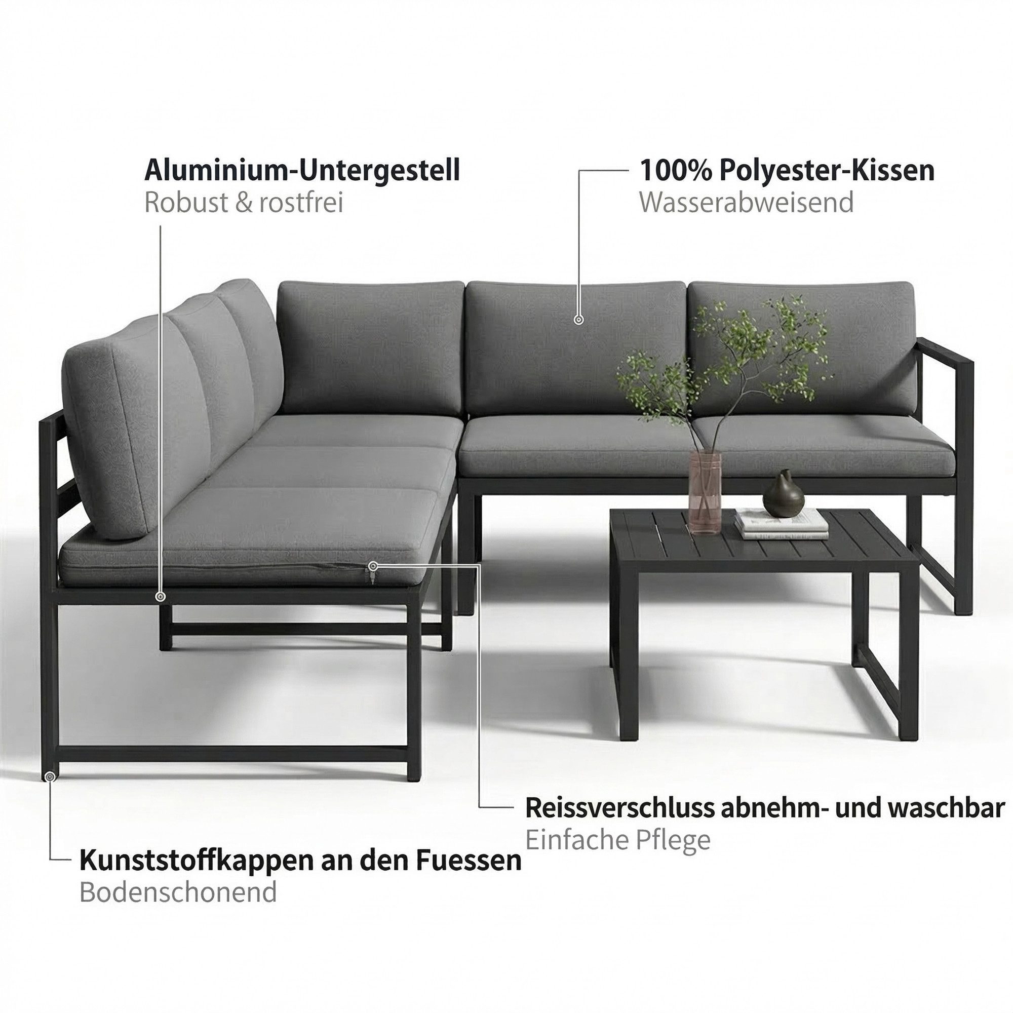 Mucola Gartenlounge-Set Ecksofa Aluminium mit Liegefunktion & Loungetisch wetterfest, (Gartenlounge-Set, 3-tlg., 3-teiliges Gartenlounge-Set), verstellbare Sitz – Bild 5 von 5