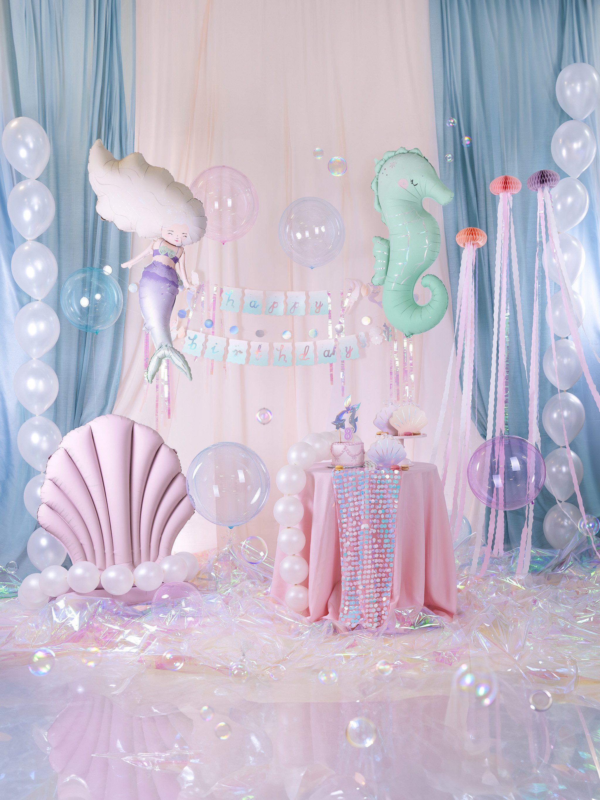 partydeco Tischläufer, Tischläufer mit Pailletten 30cm x 2,13m Rosa / Blau Irisierend