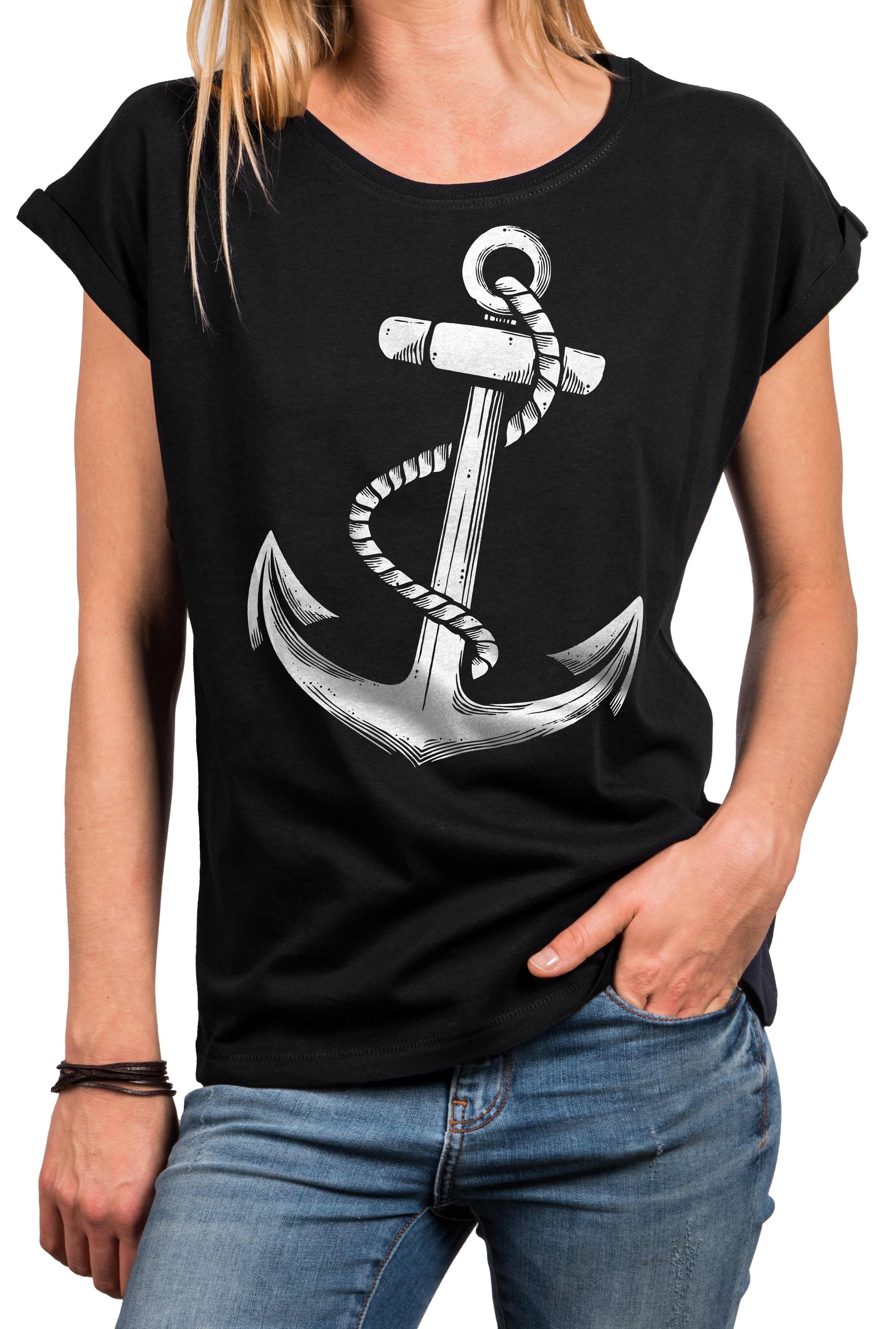 MAKAYA Print-Shirt Damen Anker Motiv Sommer Top Maritime Frauen Oberteile Tunika (Kurzarm, Rundhals, blau, grau, rosa, schwarz) aus Baumwolle