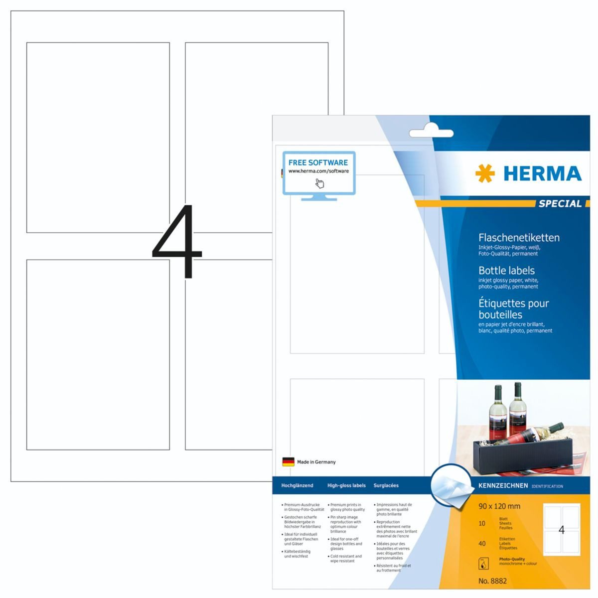 HERMA Etiketten Flaschenetik.Inkjet 90x120 w. 10 Bl. DIN A4 40