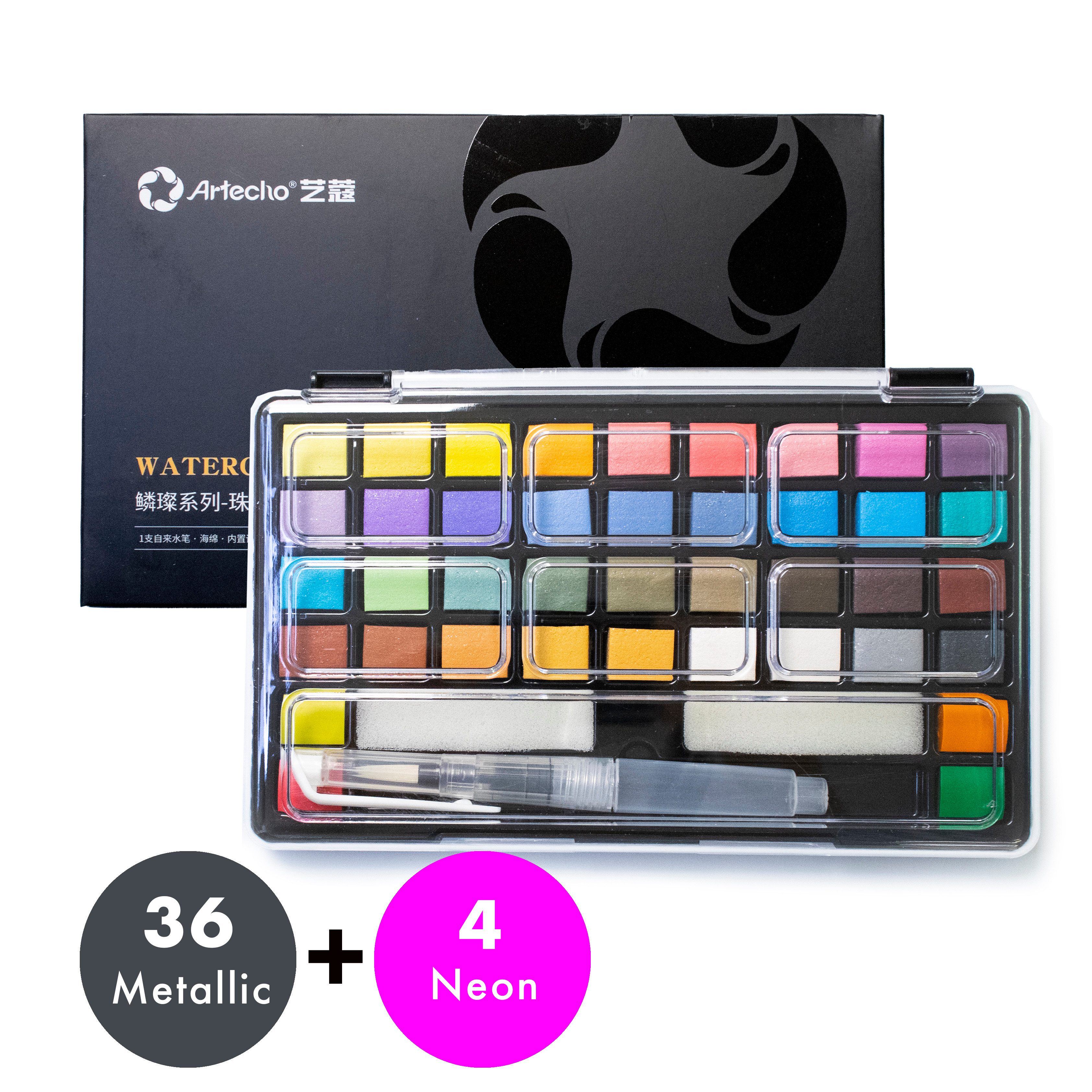 Artecho Aquarellfarbe Set– 40 Wasserfarben inkl. Perlglanz & Neon mit Wasserpinsel & Schwamm, Ideal für Anfänger & Hobbykünstler