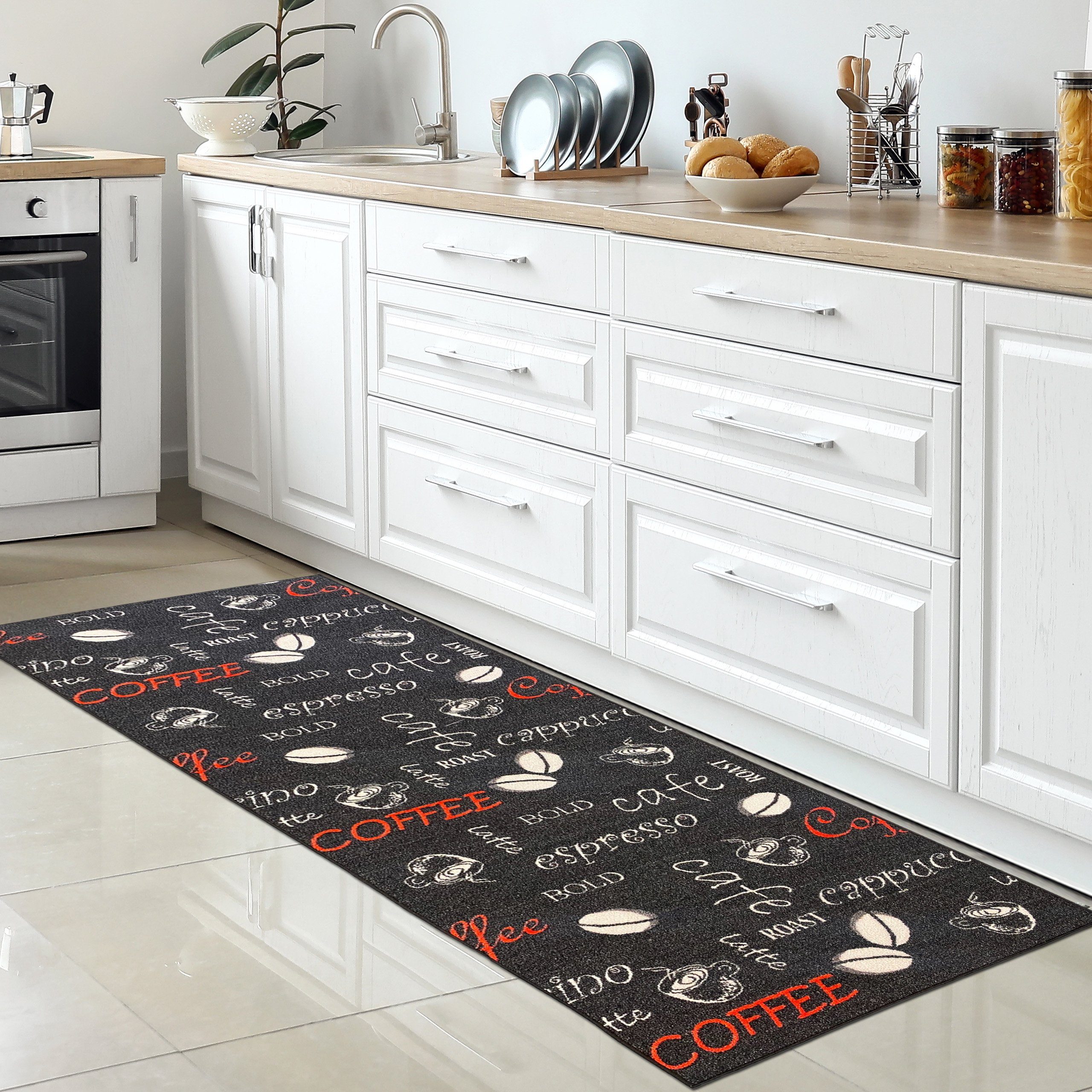 Carpetia Teppich Küchenläufer schwarz mit Gelrücken und Schriftzug in weiß günstig online kaufen