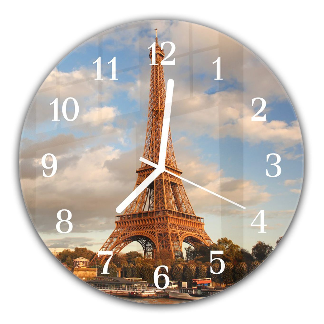 Primedeco Wanduhr Wanduhr aus Glas mit Motiv Sonniger Eiffelturm - Rund mit Durchmesser 30 cm und Quarzuhrwerk
