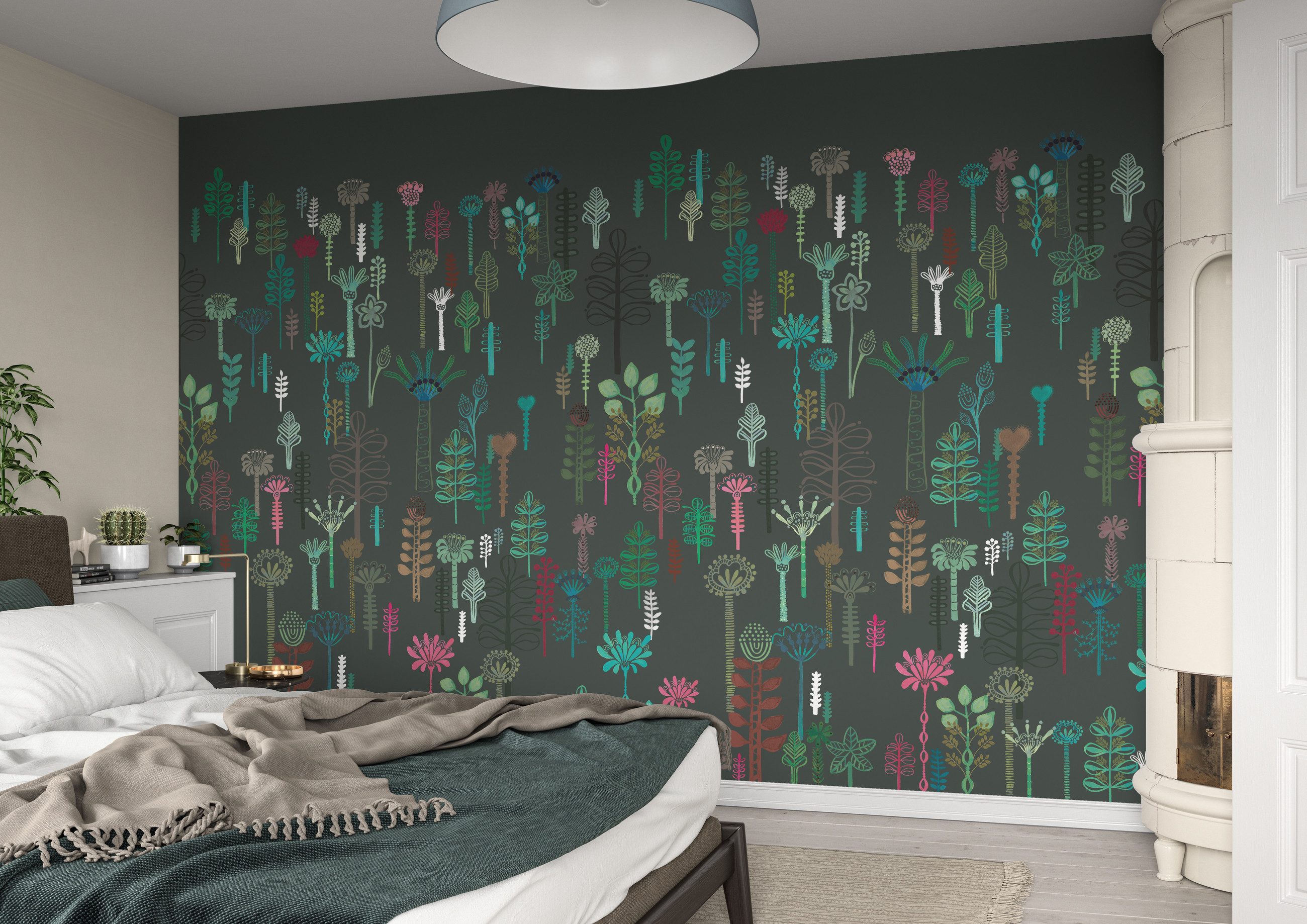 Rasch Fototapete Skandinavisches Pflanzen Design - Vliestapete Braun Grün, floral, bedruckt, grafisch, (1 Rolle, 1 St., 2,8 m x 2 m), Lichtbeständige Farben - Feucht abwischbar - Restlost abziehbar