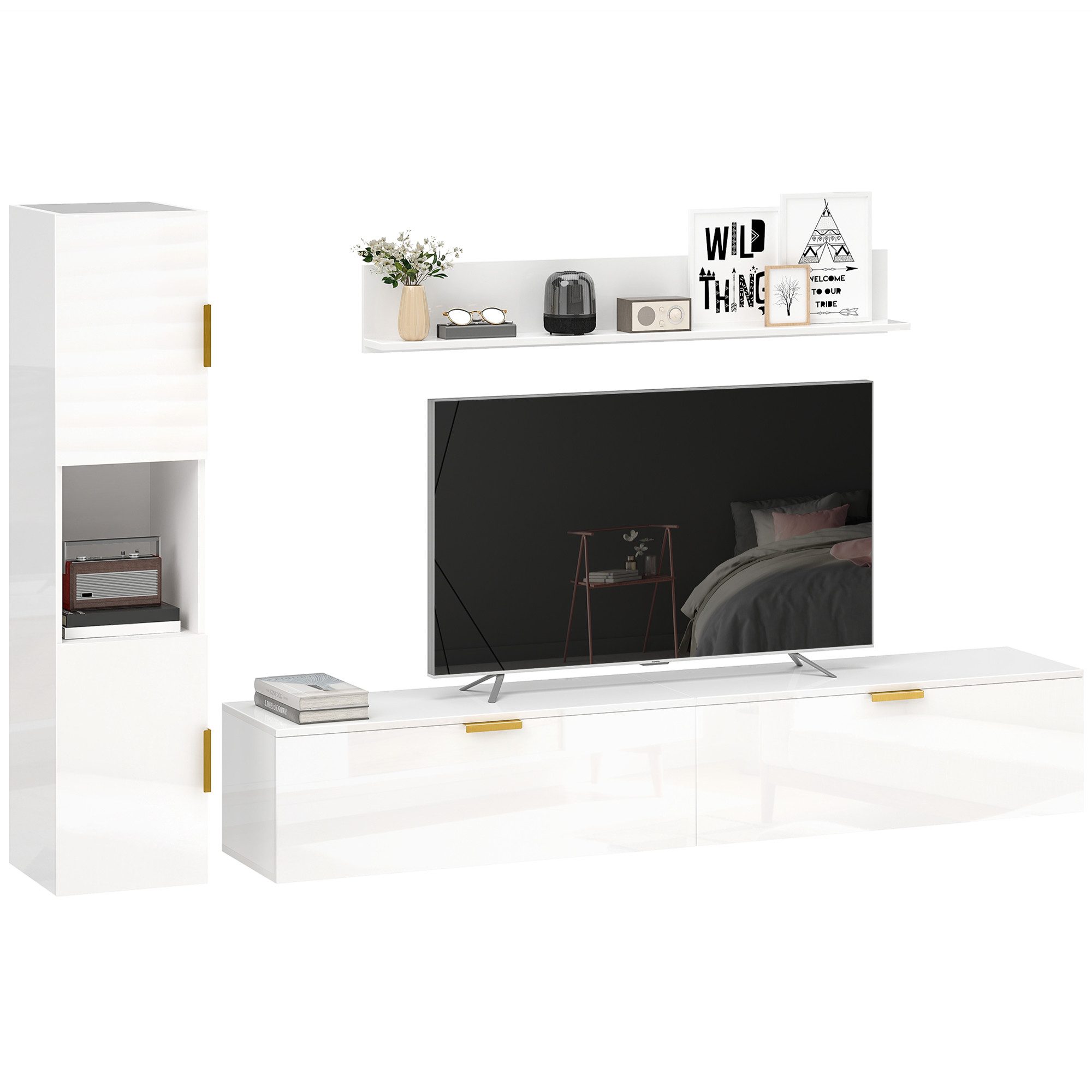 HOMCOM TV-Regal mit Wandregal und Aufbewahrungsschrank, Wohnwand Wohnzimmer 1-tlg., für Fernseher bis 55", Hochglanzweiß