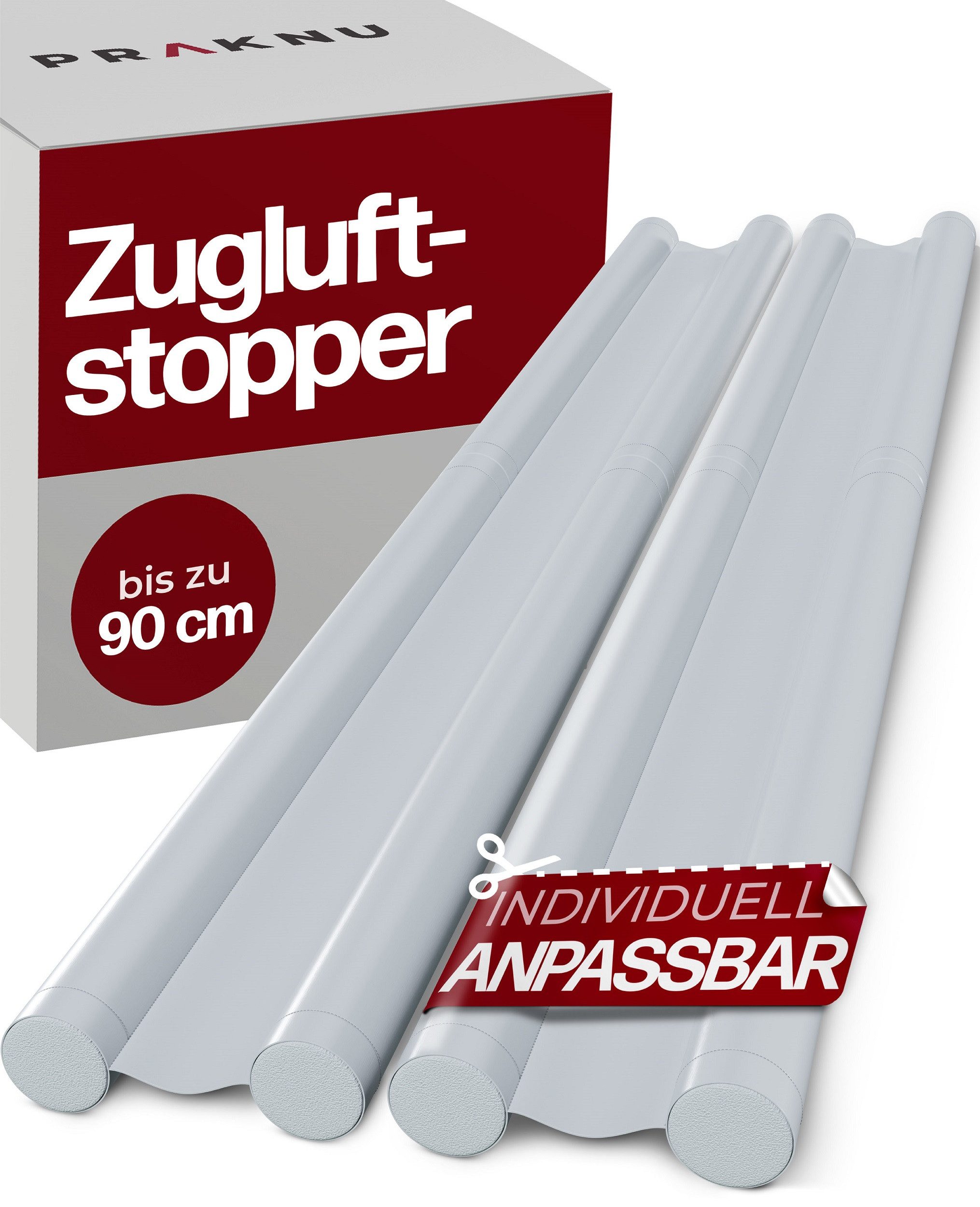 Praknu Zugluftstopper 2 Zugluftstopper Set in Weiss, 2-tlg., Zuschneidbar - Kältestopp von Zugluft unter der Tür - Luftstopper