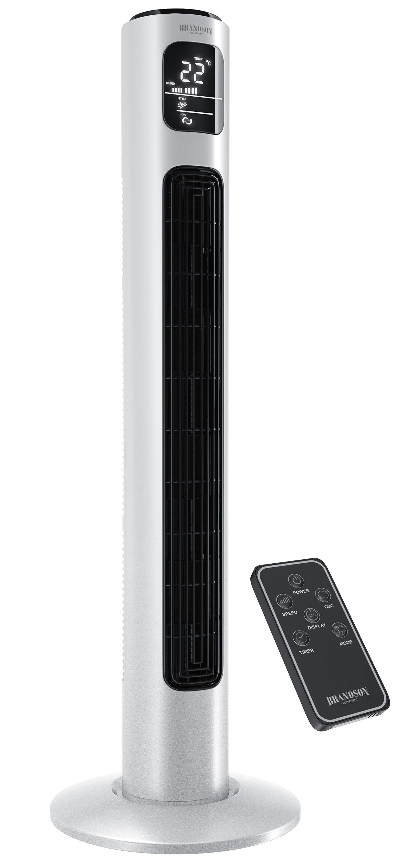 Brandson Turmventilator Oszillation 65°, Timer, Fernbedienung, Standventilator 96cm, Perlweiß, Preisträger 2025, mobiler Lüfter leise, 4 Lüftungs-Modi, GS-Geprüft