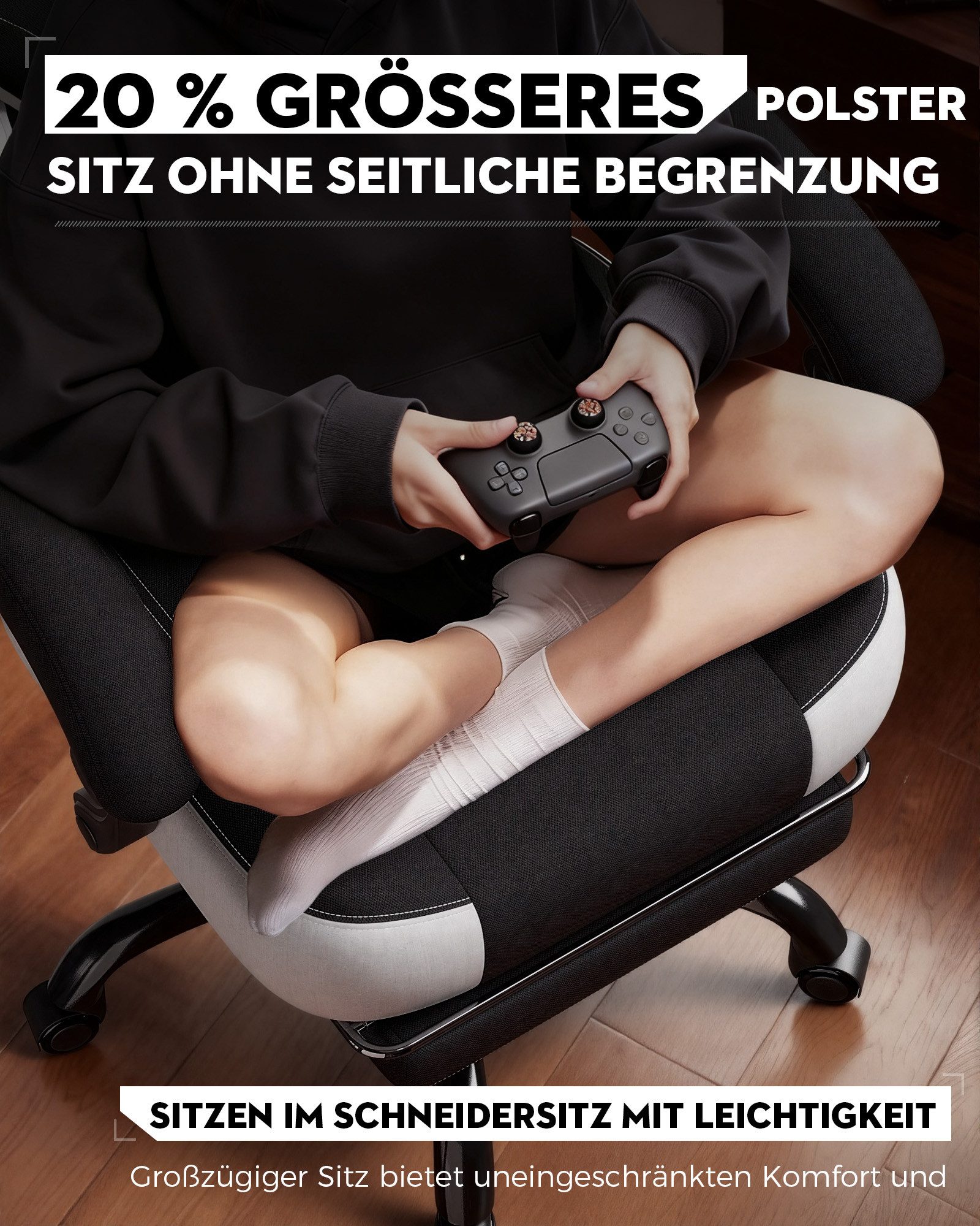 LUCKRACER Gaming-Stuhl Stoff/Kunstleder, Bürostuhl mit verbundenen Armlehnen, Memory-Schaum, 90–155° Neigungswinkel und Fußstütze
