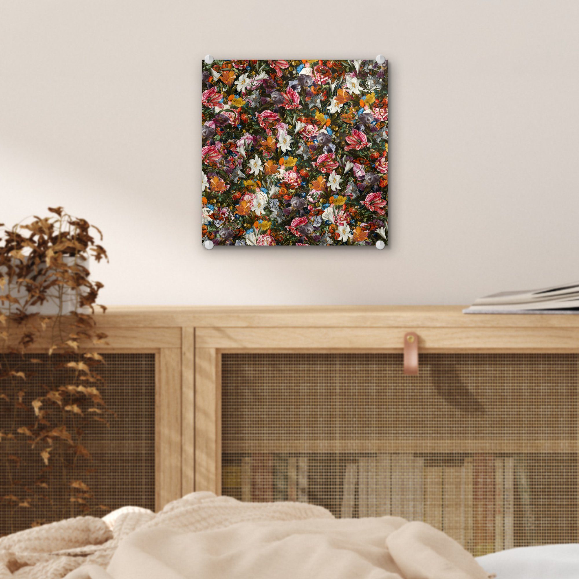 - Wanddekoration Kunst Acrylglasbild - Alte, - Bilder - - Foto - - Glas Wandbild Glas auf bunt St), Schmetterling MuchoWow Blumen - Malerei (1 auf Abstrakt Design Glasbilder -