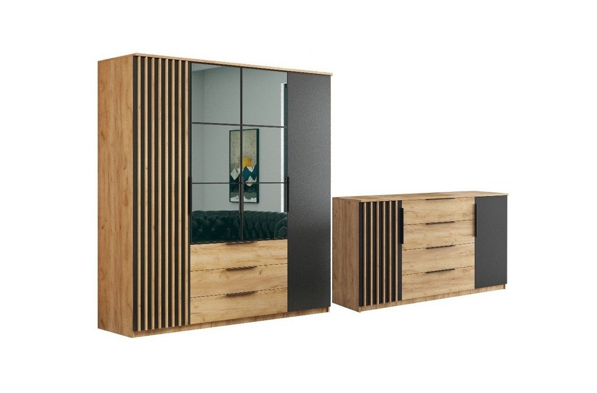 Marmex Möbel Schlafzimmer-Set SORENTO SET 4 viertüriger Schrank mit zweitüriger Kommode, (2-tlg), Spiegel, Schubladen