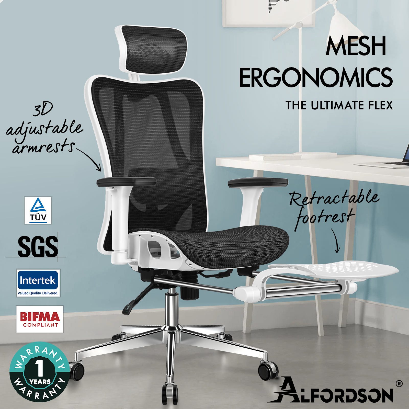 ALFORDSON Bürostuhl Ergonomischer Netz-stuhl mit 3D-Armlehne, neigbarer Schreibtischstuhl, Chefsessel mit Verstellbarer Kopfstütze und Fußstütze