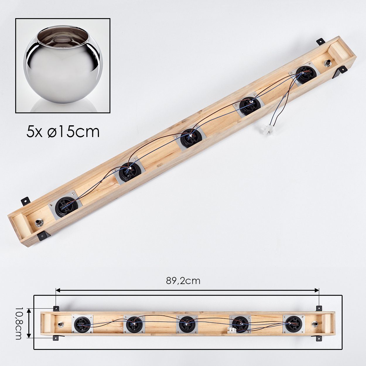 hofstein Deckenleuchte Deckenlampe aus Metall/Holz/Glas in Schwarz/Natur/Chromfarben, ohne Leuchtmittel, Holzbalken 100cm u. Glaskugeln Ø15cm, 5x E27, ohne Leuc – Bild 5 von 5