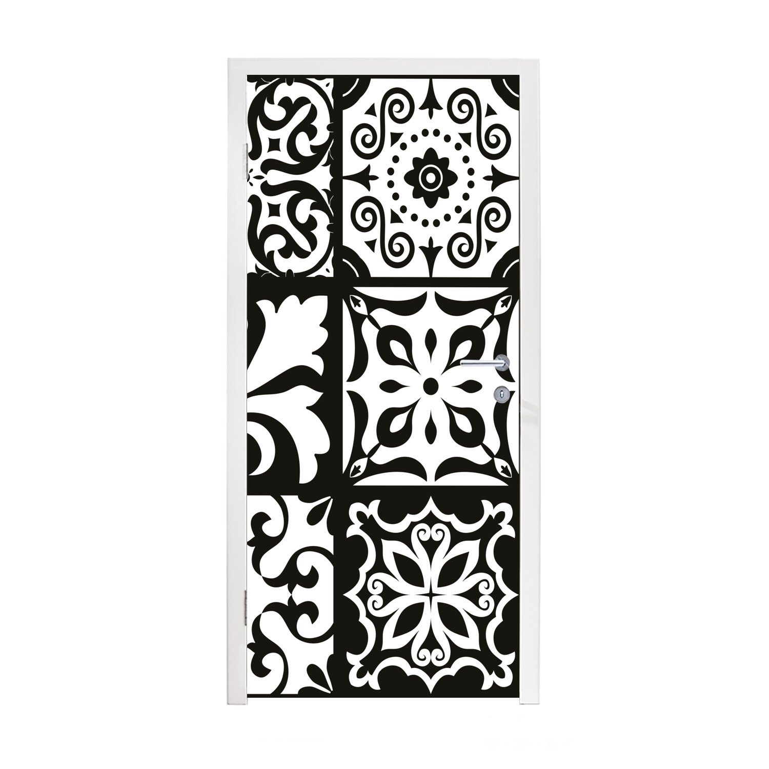 MuchoWow Türtapete Muster - Schwarz - Weiß - Blumen - Abstrakt, Matt, bedruckt, (1 St), Fototapete für Tür, Türaufkleber, 75x205 cm