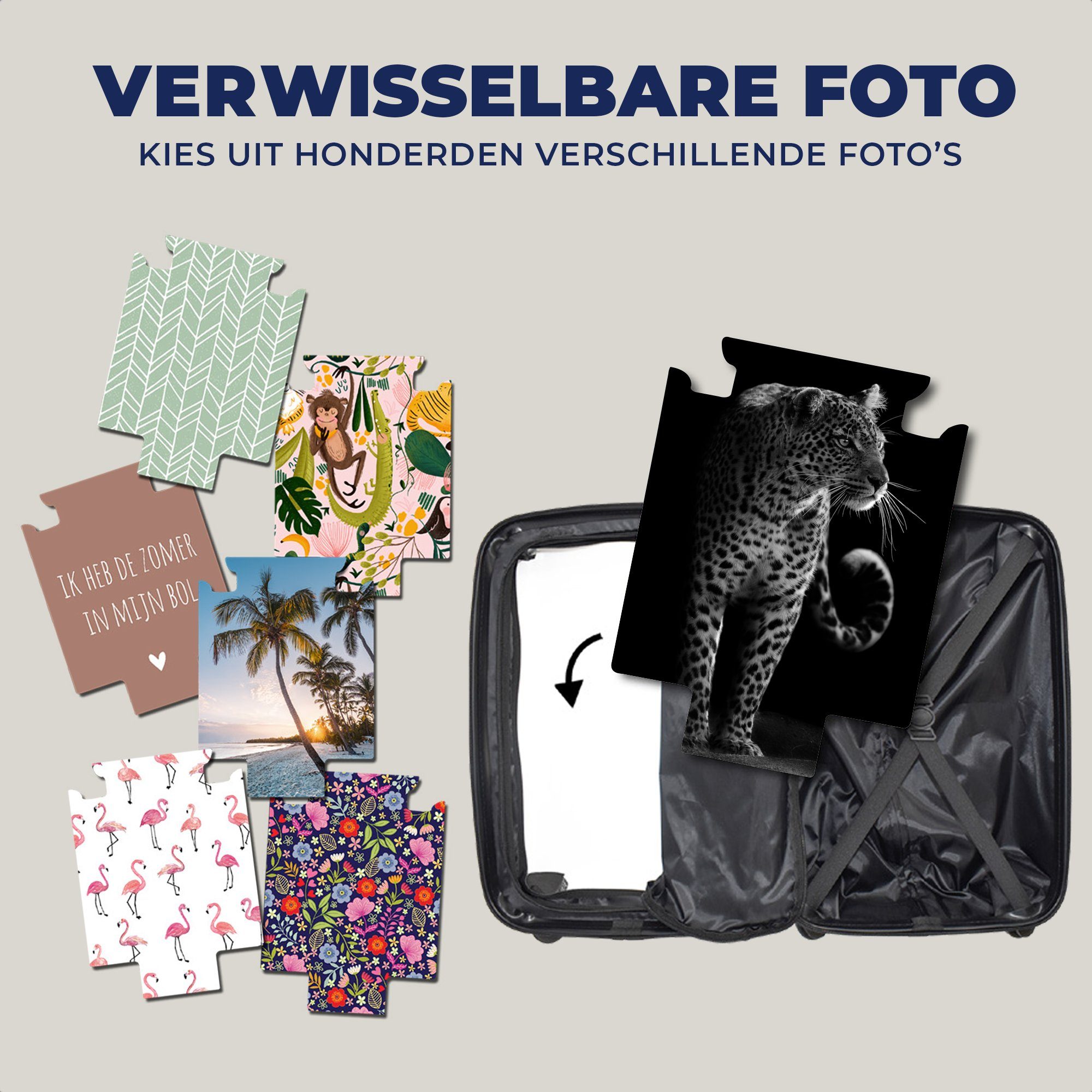 MuchoWow Handgepäckkoffer Wildtiere - 4 Reisekoffer Natur Schwarz - - rollen, Rollen, mit Leopard - Ferien, Trolley, für Reisetasche Handgepäck Weiß