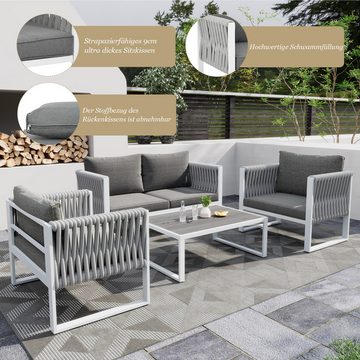 REDOM Gartenlounge-Set Gartenmöbel Set Seil Rope Lounge Balkonset Sitzgruppe, (1 Couchtisch, 2 Sessel, 1 2-Sitzer), für 4 Personen mit Kissen und Eisenrahmen