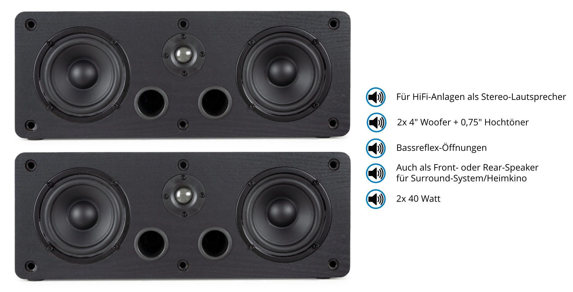 McGrey CS-440 2x 4" HiFi Center-Lautsprecher Regal-Lautsprecher (40 W, Multifunktions Satelliten HiFi Box für Surround-System)