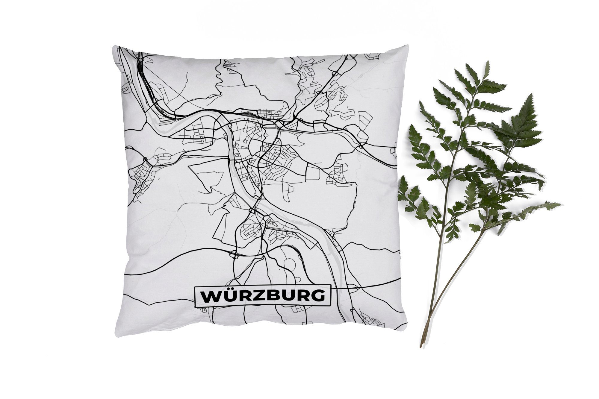 MuchoWow Dekokissen Würzburg - Karte - Stadtplan - Wegbeschreibung, Zierkissen mit Füllung für Wohzimmer, Schlafzimmer, Deko, Sofakissen | Dekokissen
