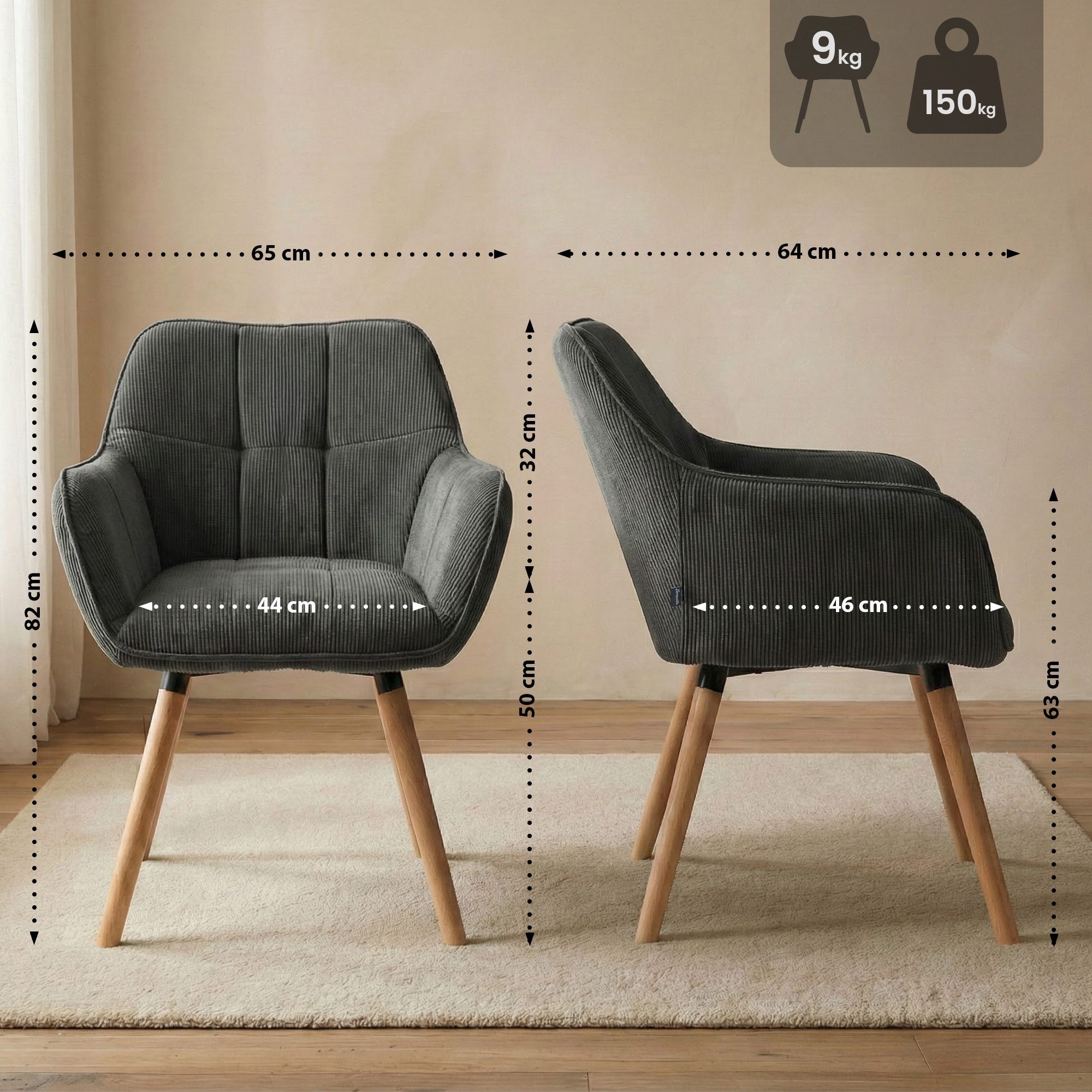 CLP Esszimmerstuhl Vienna (1er, 1 St), Cordbezug, Buchenholzbeine, bis 150 kg