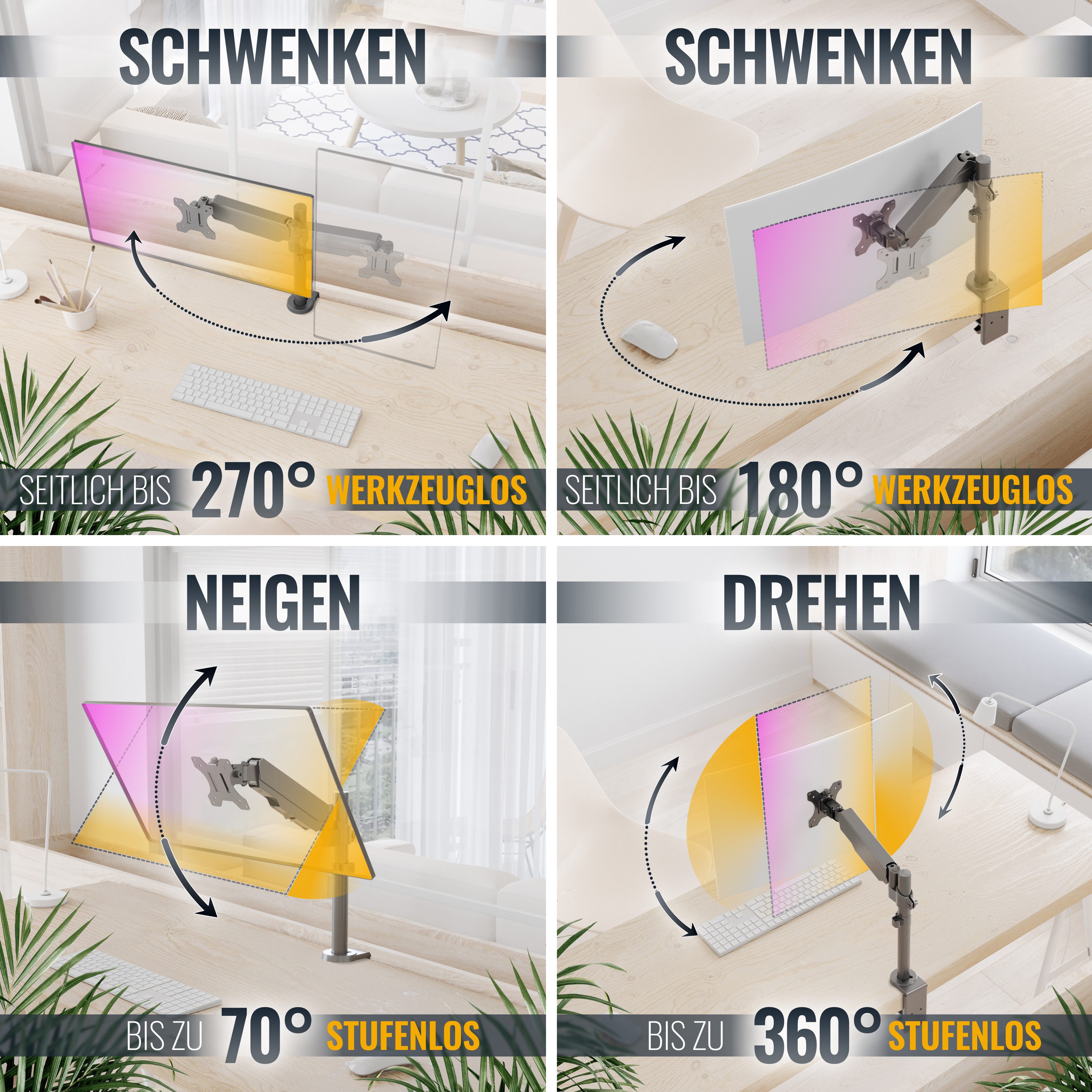 RICOO Monitor-Halterung Monitor Tischhalterung mit Gasdruckfeder TS9511, (bis 32 Zoll, VESA 75x75 und 100x100, 1-tlg., 1-8 kg Belastbarkeit, von 43-81 cm (17"-32) Bildschirm-Diagonale, neigbar +35°/-35°, schwenkbar 180°, drehbar bis 360°, höhenverstellbar)