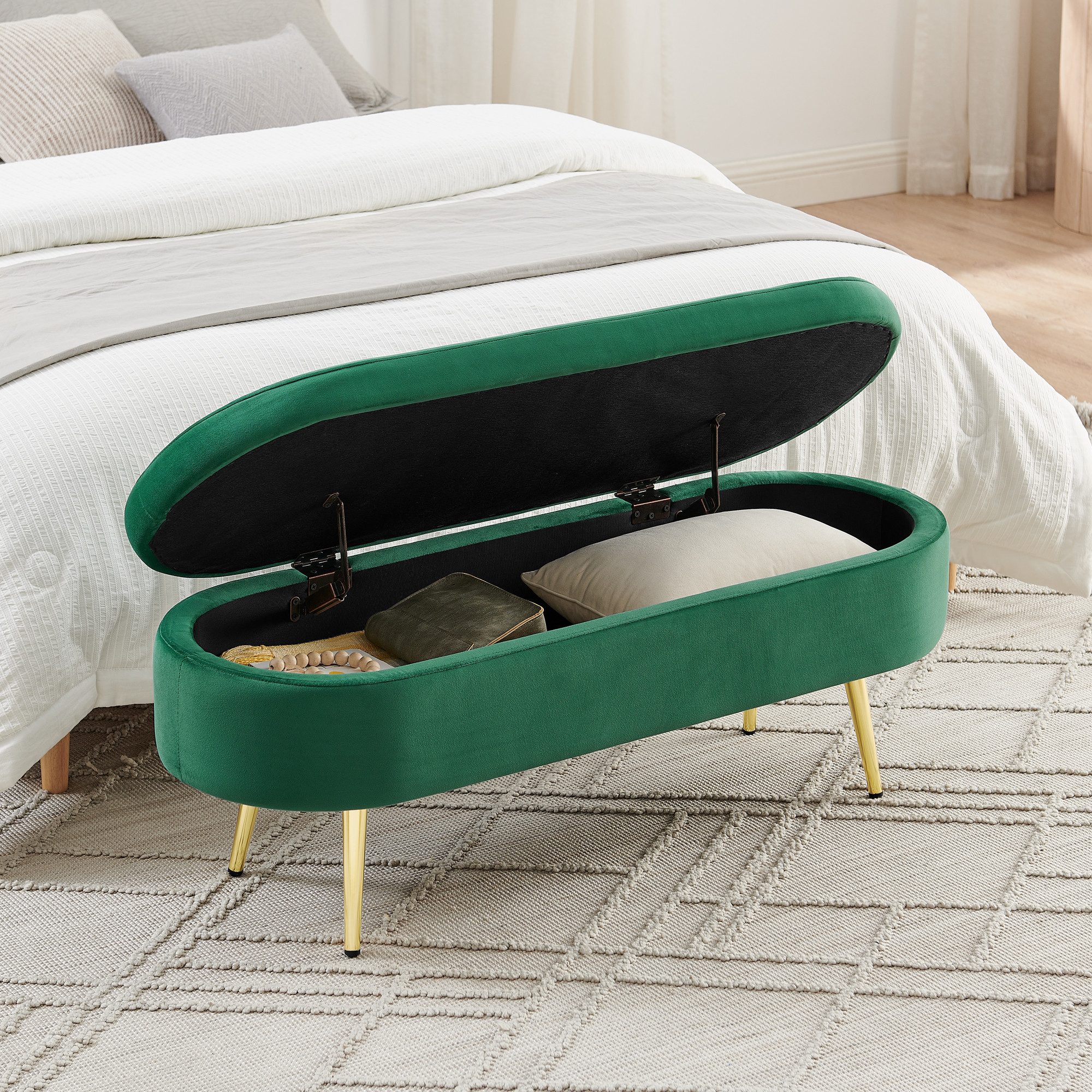 MODFU Polsterbank 20L Stauraum, Holzbeine & Massivholzrahmen (Packung, 1-St., Aufbewahrungsbank 110x40x42 cm, Dunkelgrün, Samt-Stoff), Vielseitige Schuhbank für Flur, Schlaf- & Wohnzimmer