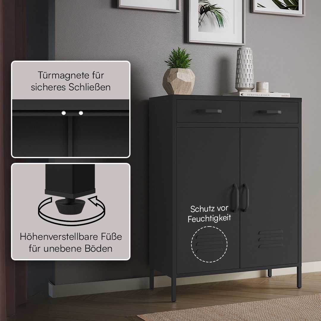 skølm Kommode Atria aus Metall (Schwarz, 2 Schubladen & 2 Fächer), höhenverstellbare Böden, Highboard auch verfügbar ohne Schubladen