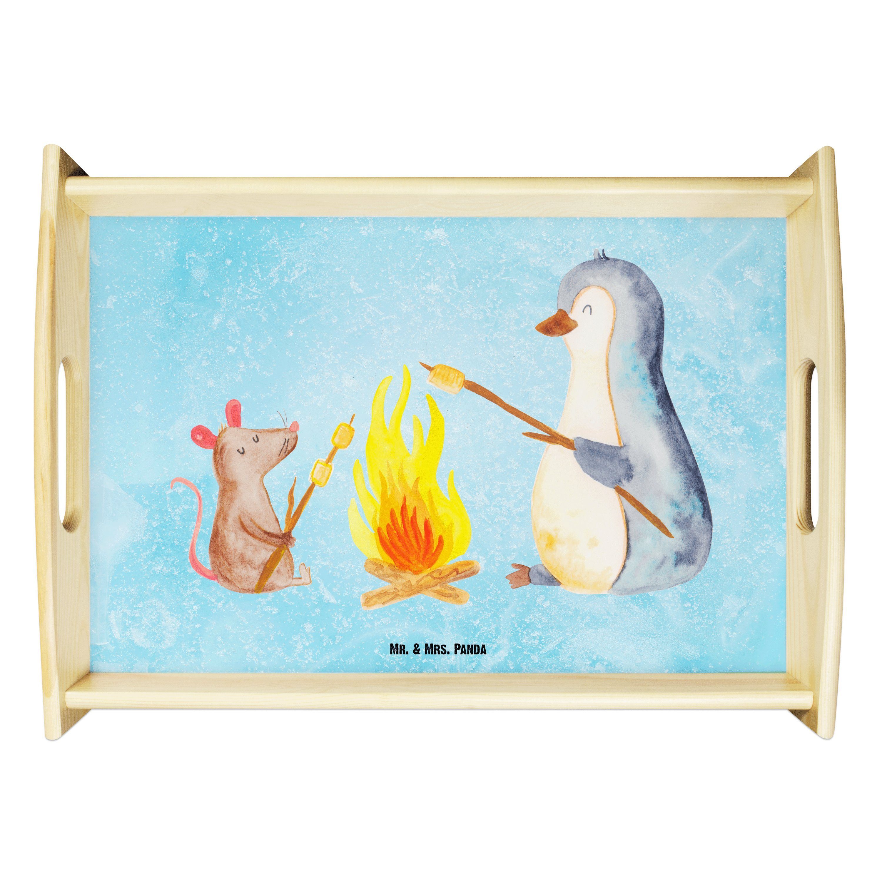 Mr. & Mrs. Panda Tablett Pinguin Lagerfeuer - Eisblau - Geschenk, Maus, Tablett, Marshmallows, Echtholz lasiert, (1-tlg)
