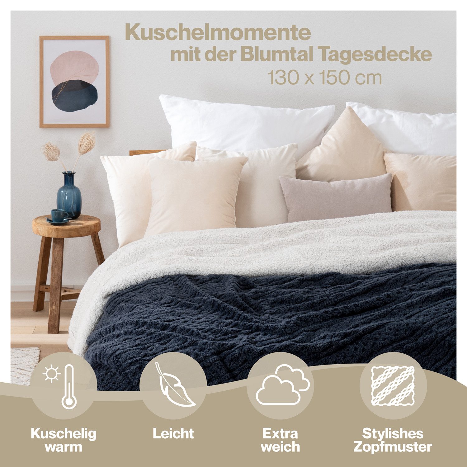 Wohndecke Oeko-TEX zertifizierte waschbare Wohn- & Kuscheldecke, Blumtal, mit weicher Sherpa-Innenseite
