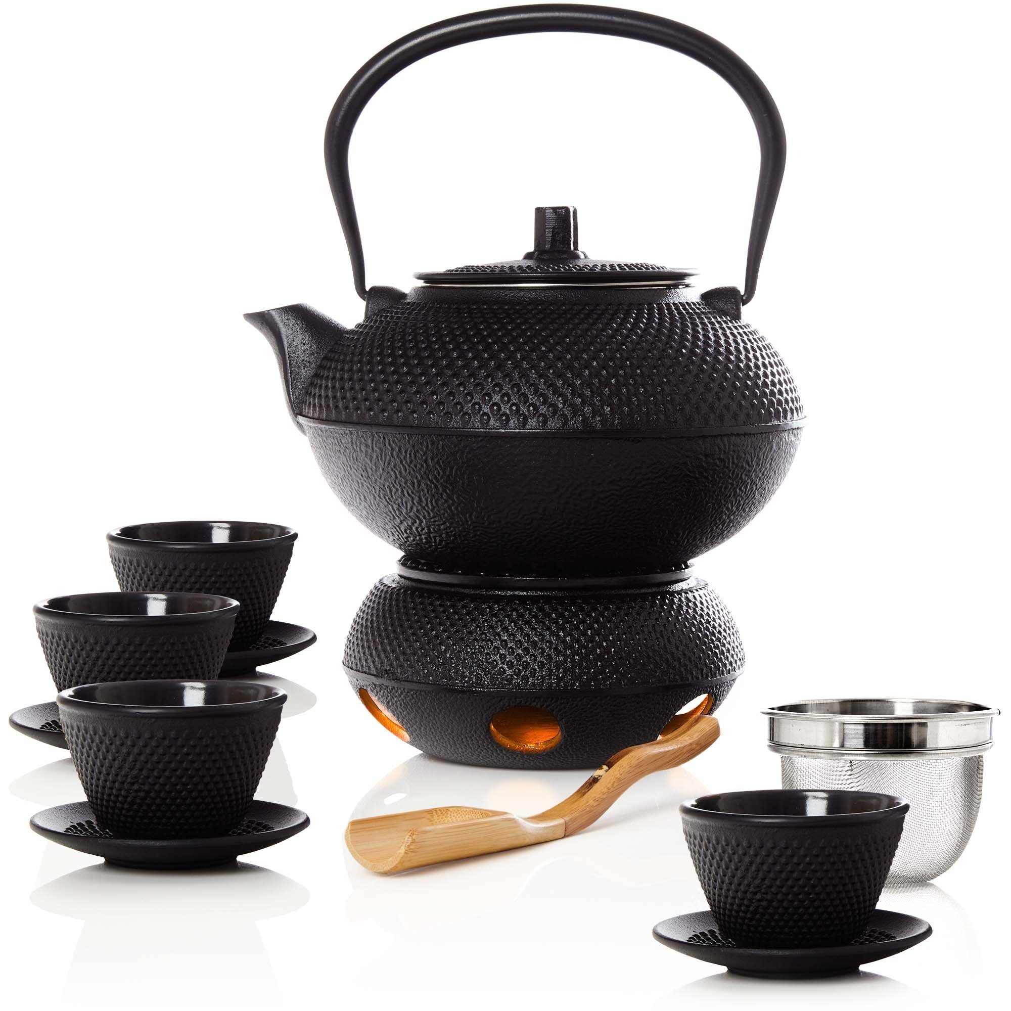 Bonvivre Чайный сервиз asiatisches Teeset, 1,4 Liter Gusseiserne Teekanne Tetsubin (12-tlg), 4 Personen, - 1,4L Teekanne mit Sieb und Löffel, 4 Tassen + Untersetzer, Stövchen