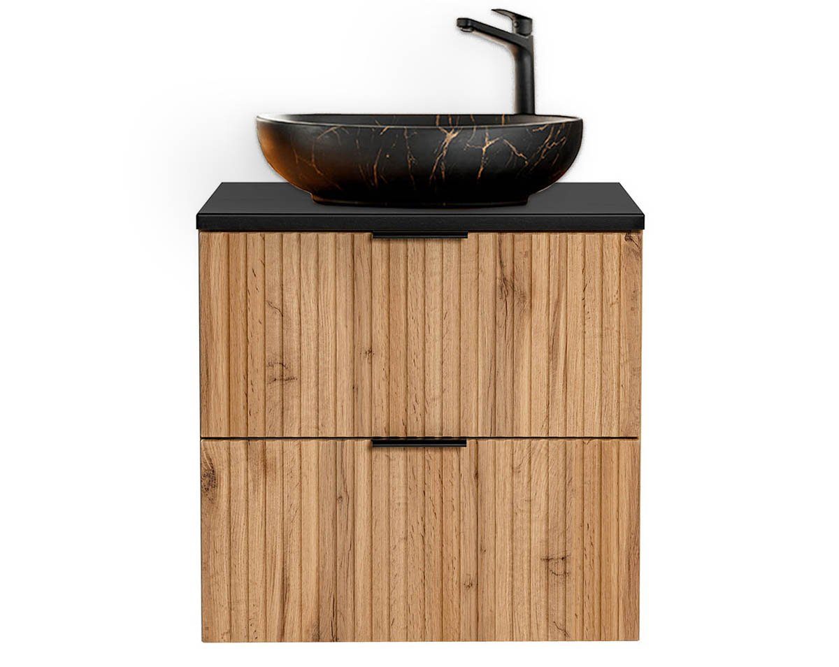 einfachgutemoebel Waschtisch-Set Badezimmer Waschplatz Portree 60cm, Aufsatzbecken, Wotan-Eiche black, (Badmöbel Set, 1-St., Waschtisch Unterschrank)