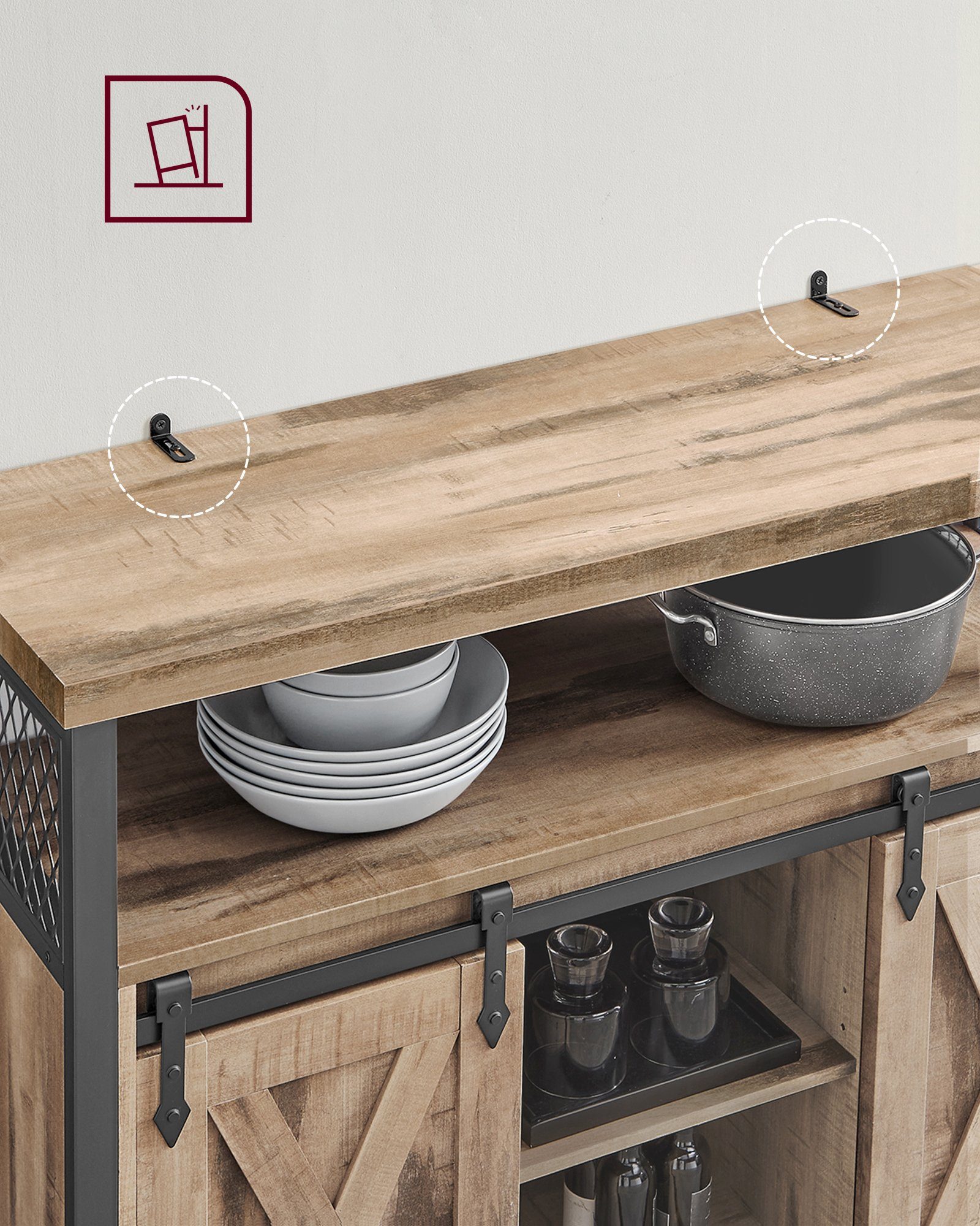 Küchenschrank, Sideboard VASAGLE Schiebetüren, 2 verstellbare Ablagen mit Naturfarben-Schwarz