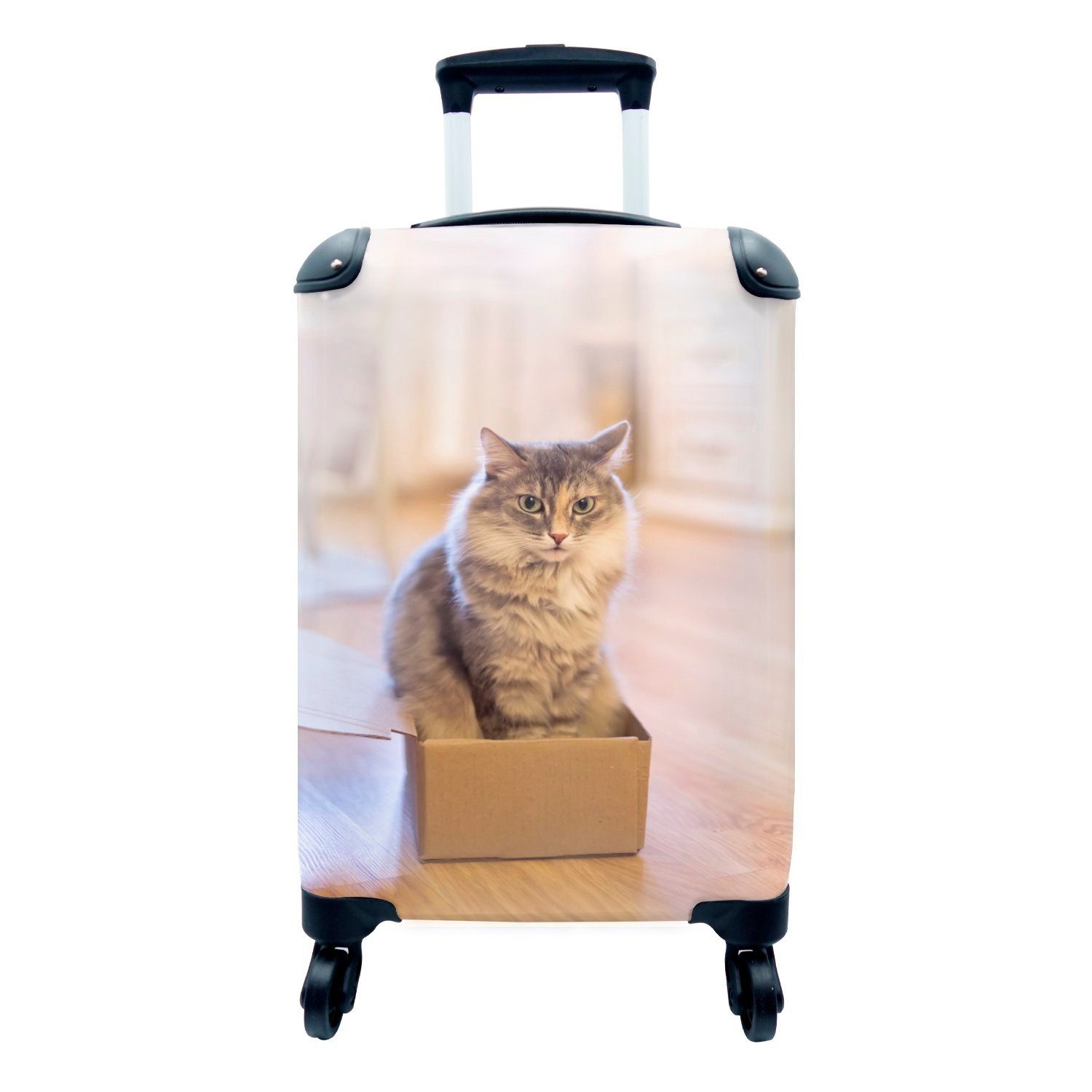 MuchoWow Handgepäckkoffer Niedliche Katze in kleiner Box, 4 Rollen, Reisetasche mit rollen, Handgepäck für Ferien, Trolley, Reisekoffer