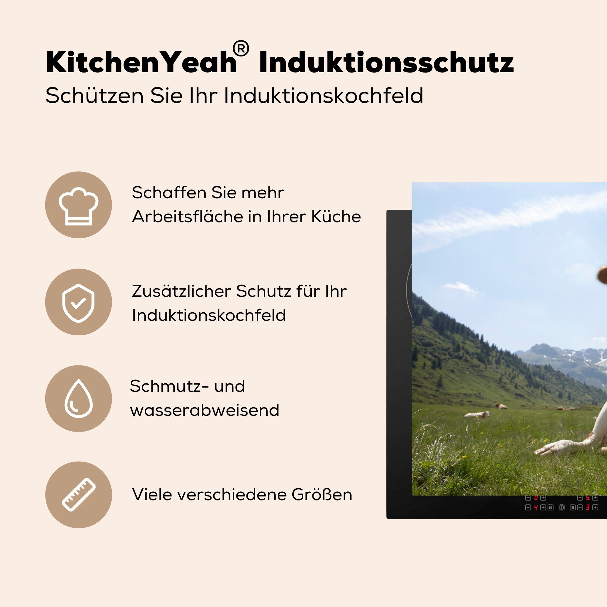 Induktionskochfeld Herdblende-/Abdeckplatte - für Kuh - (1 Schutz Berg Gras, Vinyl, tlg), Ceranfeldabdeckung 81x52 MuchoWow cm, küche, die
