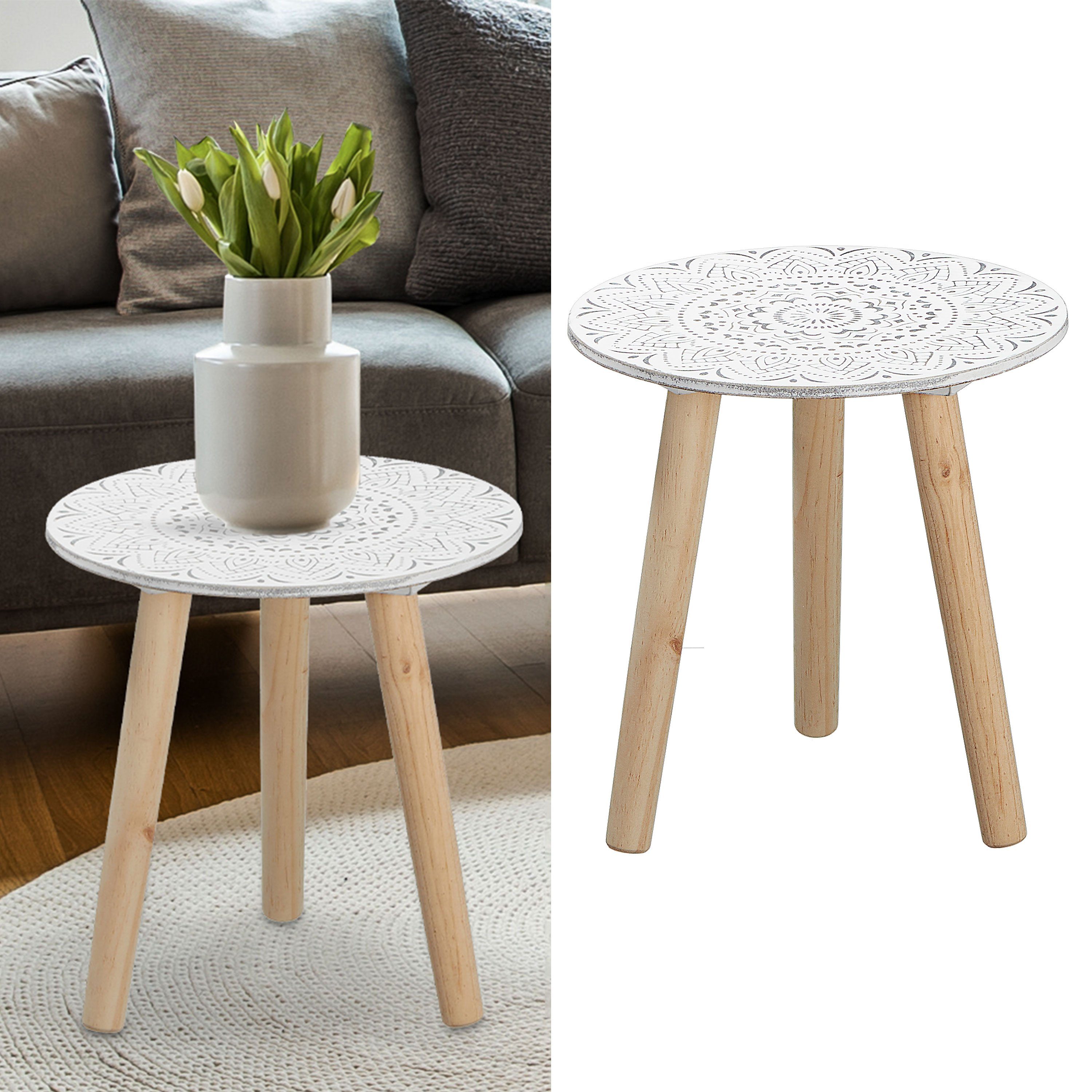 CEPEWA Beistelltisch Beistellisch dreibeinig Holztisch weiß 30x29cm Platte Mandala-Design